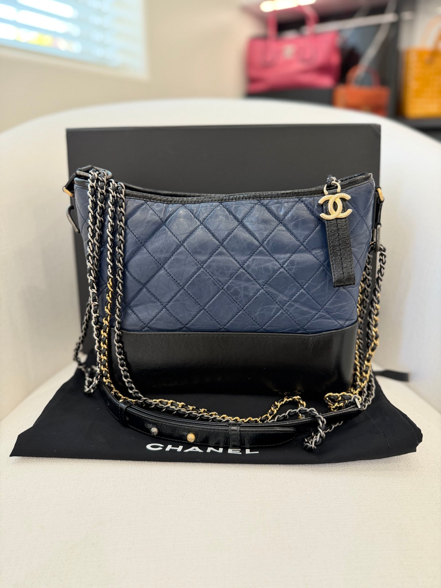 Chanel Navy Quilted Aged Calfskin Medium Gabrielle Hobo Bag
