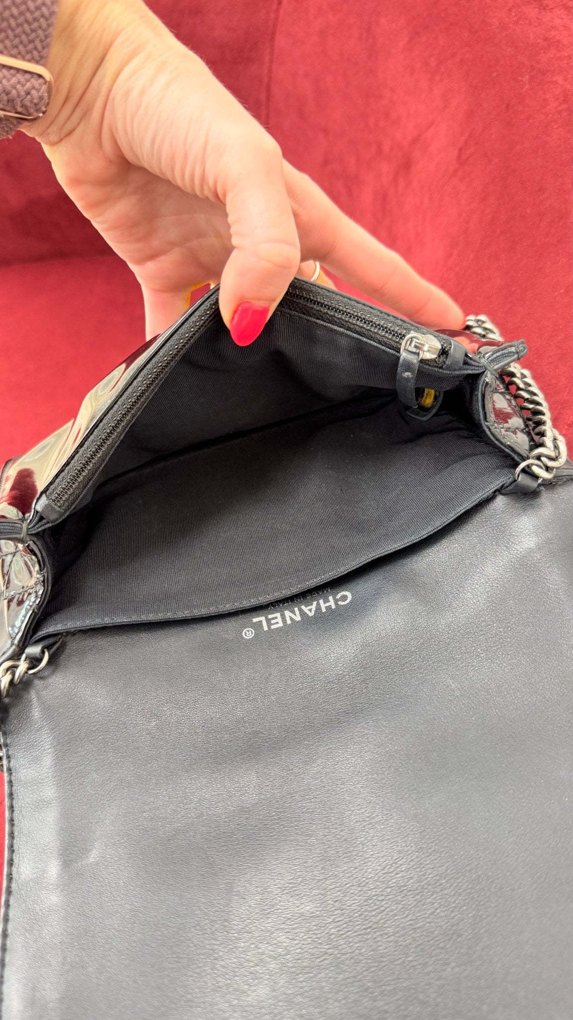 Chanel Black Patent Leather Reverso Boy Flap Bag