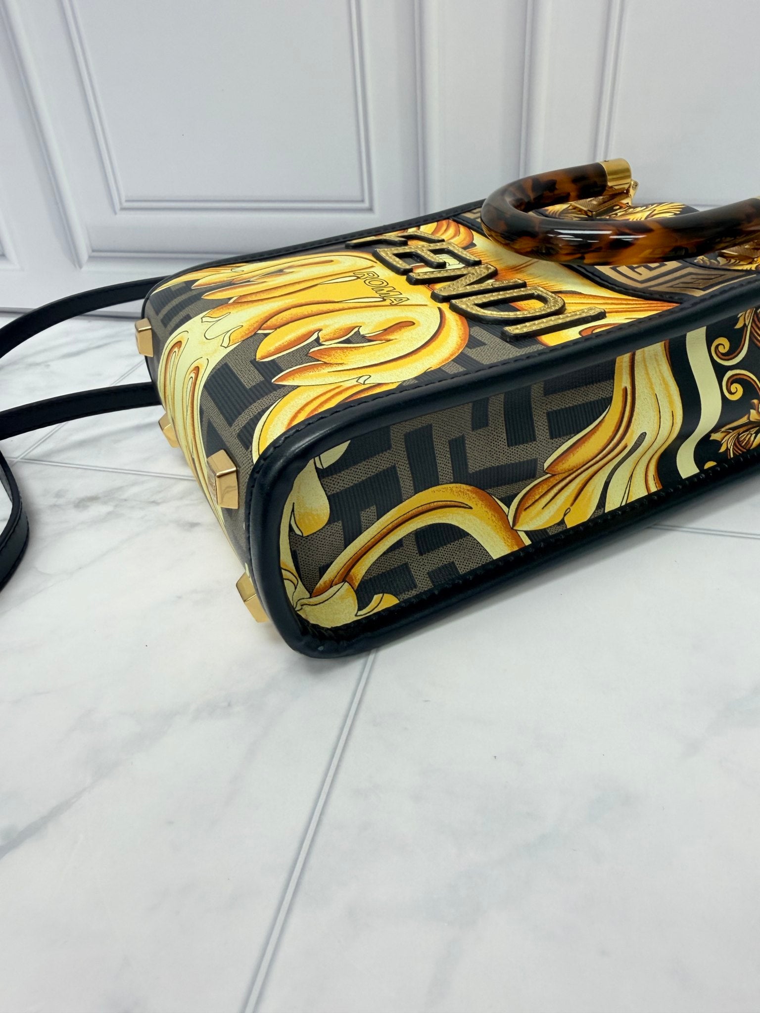 Fendi Yellow And Black Leather Fendace Mini Sunshine Shopper Crossbody Bag