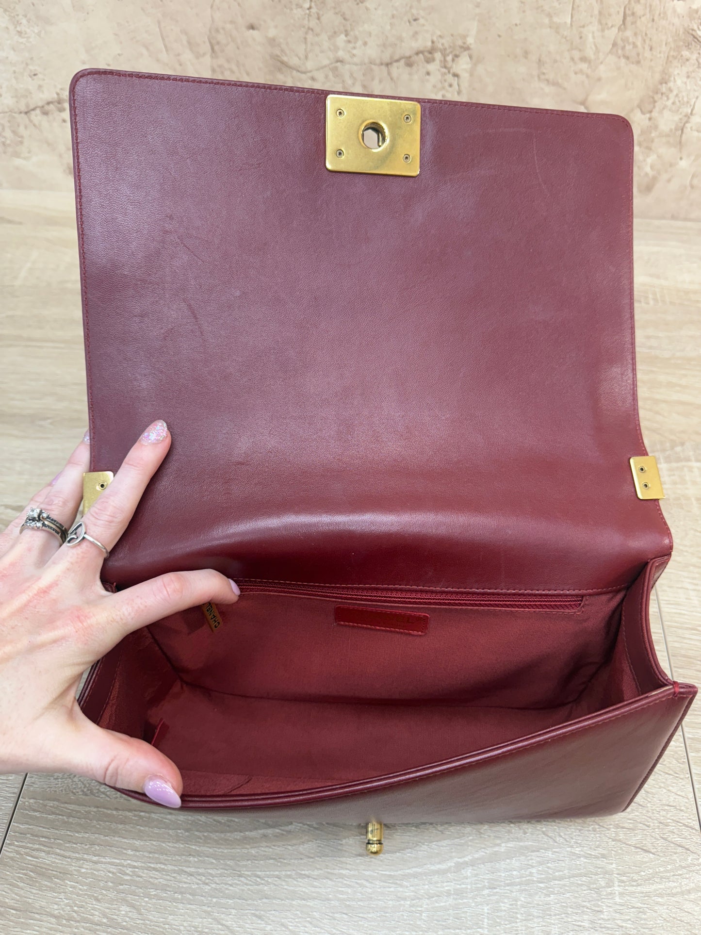 Chanel Dark Red Lambskin Quilted Medium Boy Flap