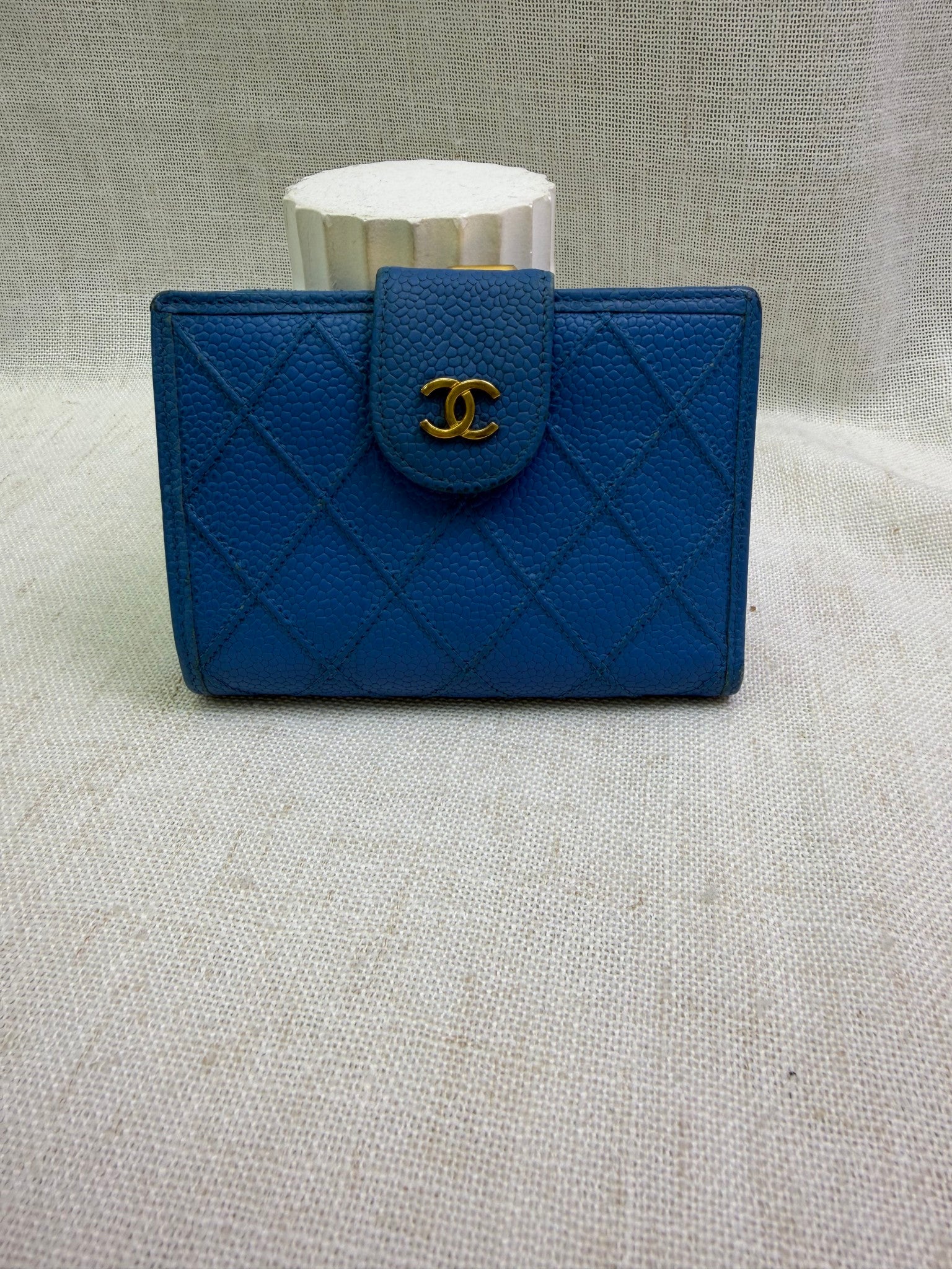 Chanel Blue Quilted Caviar Kisslock Compact Wallet