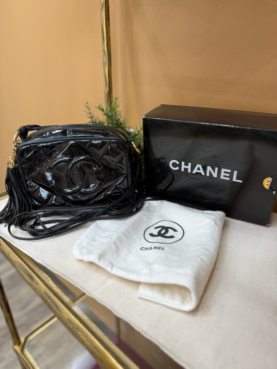 Chanel Black Quilted Patent Leather Tassel Camera Bag