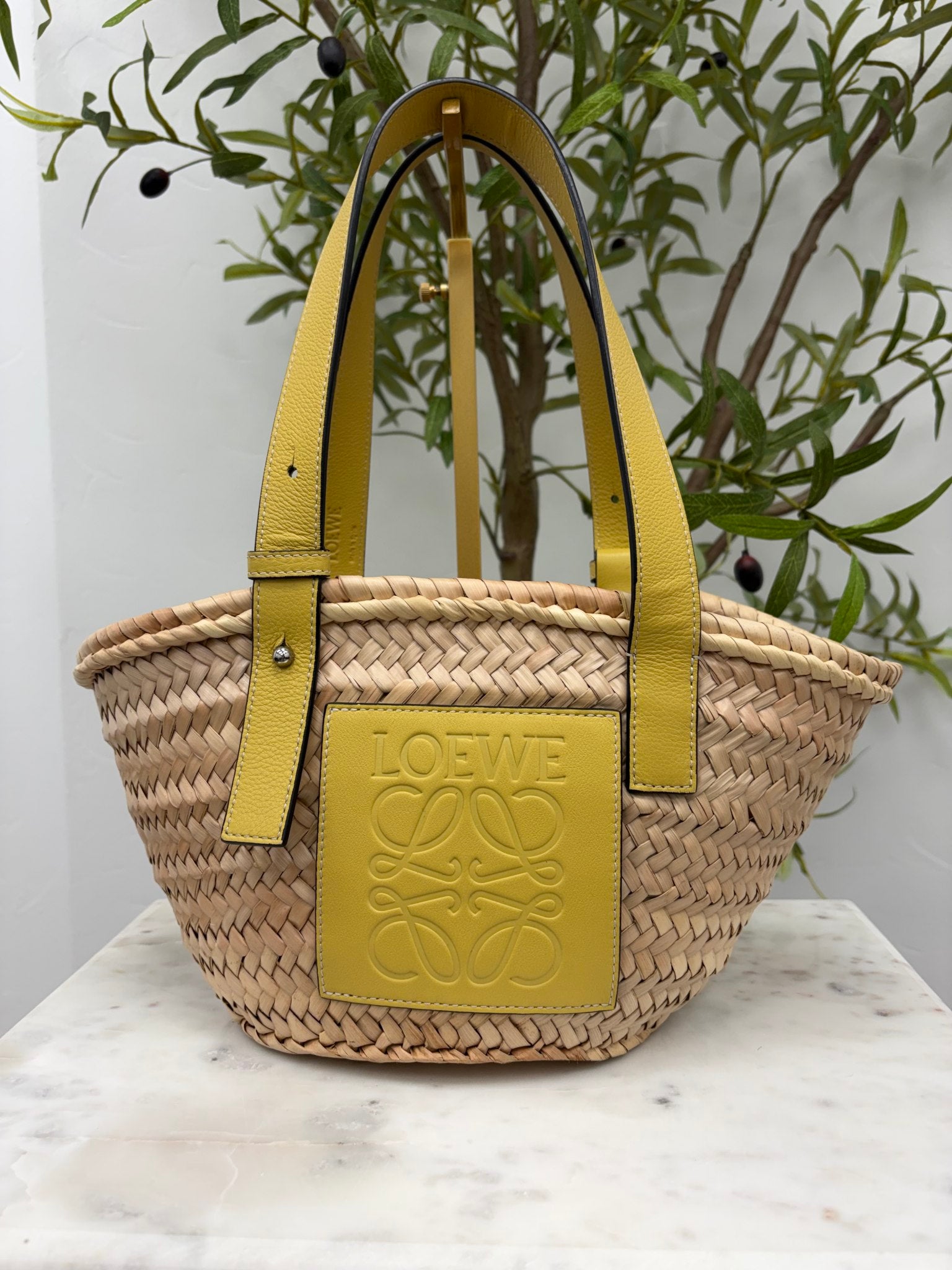 Loewe Yellow Calfskin & Straw Basket Bag