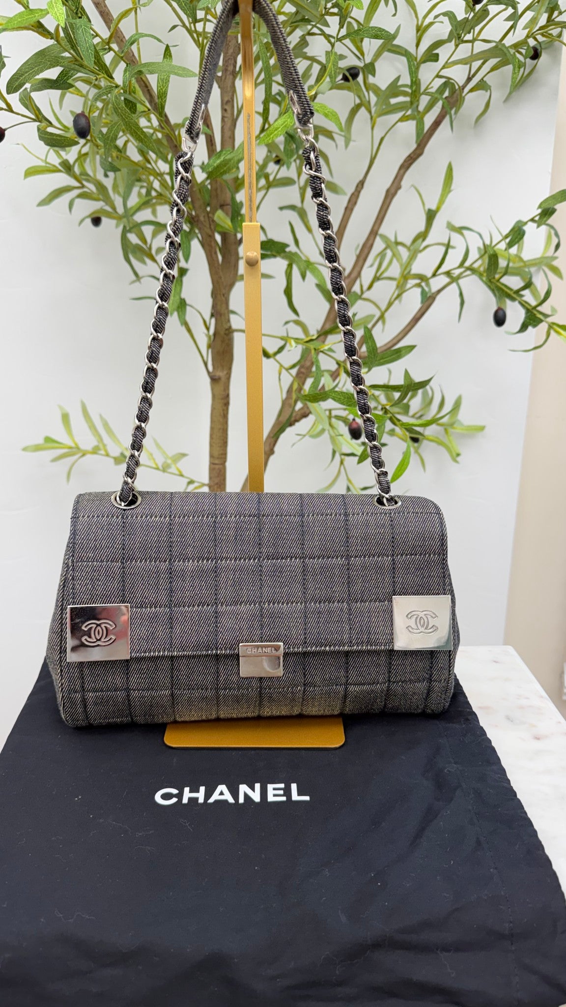 Chanel Grey Denim Chocolate Bar Flap Bag