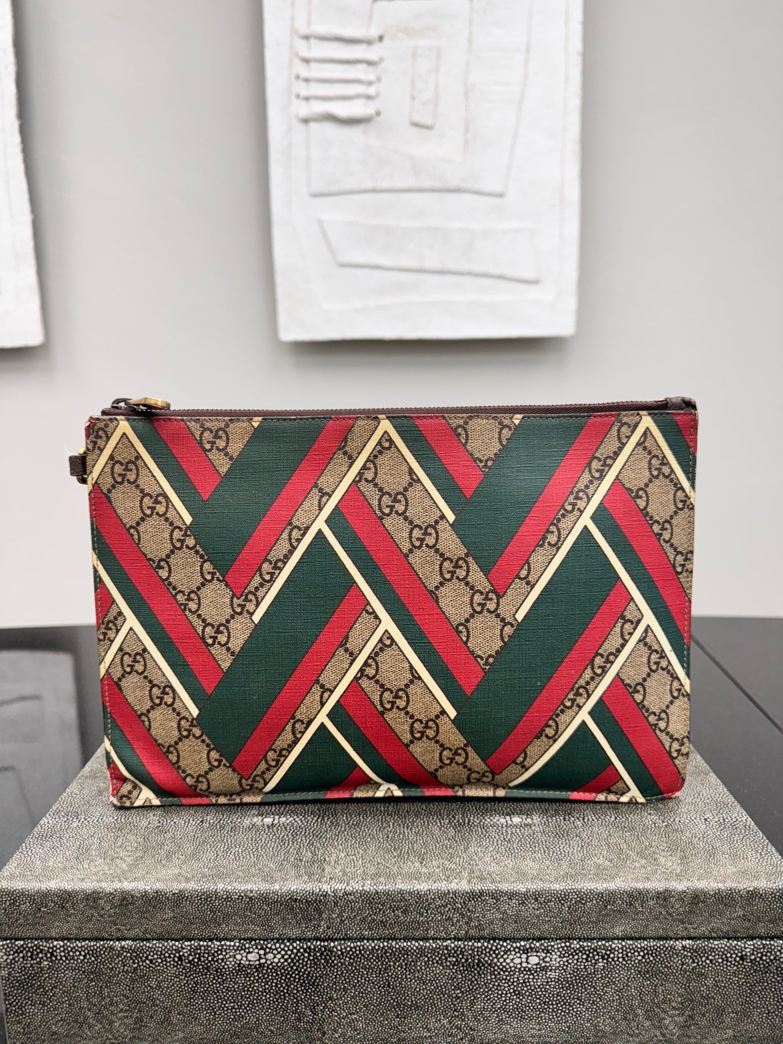 Gucci GG Supreme Red And Green Chevron Clutch