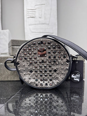 MCM Metallic Silver Visetos Leather Studded Round Crossbody Bag