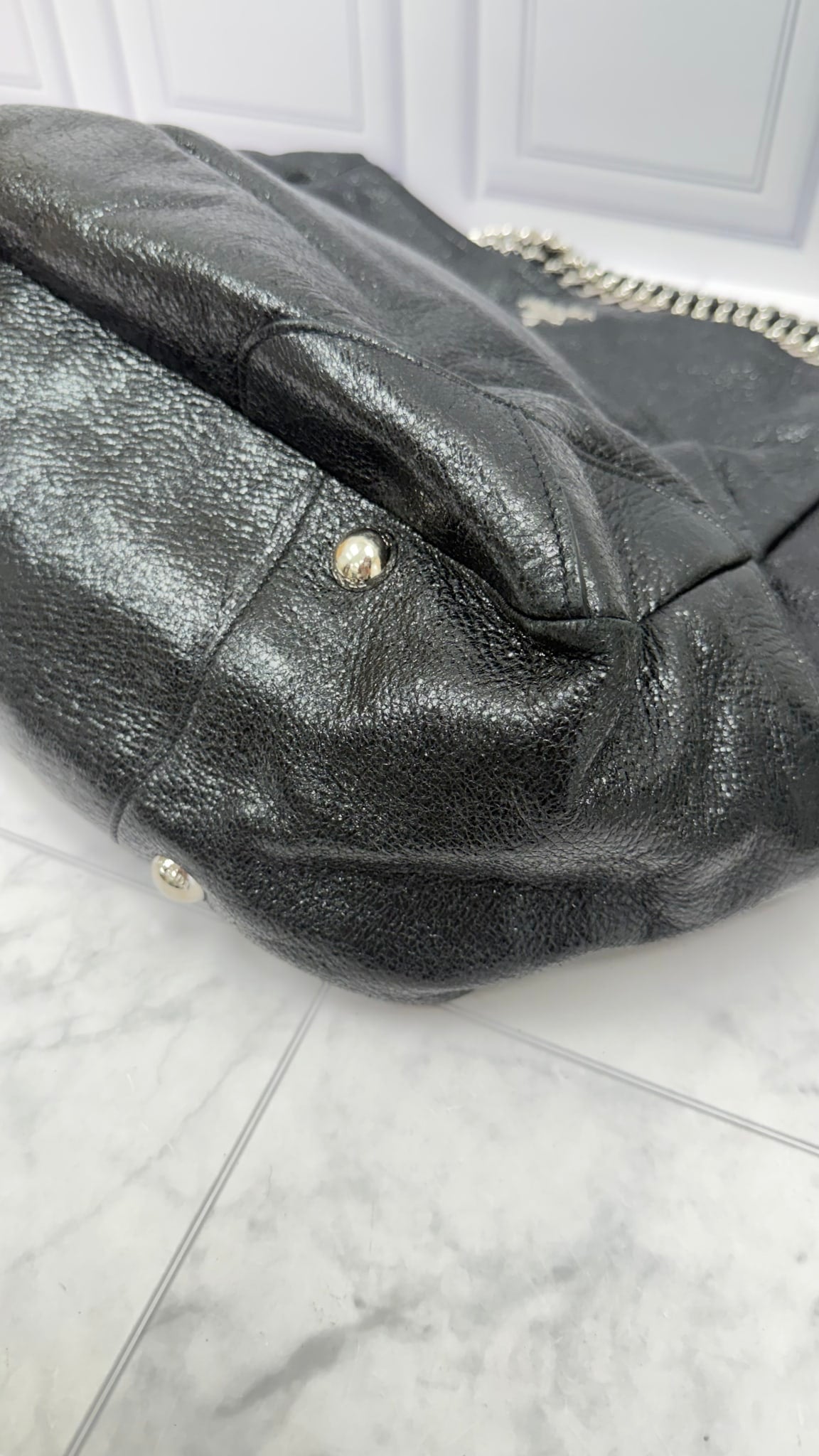 Prada Black Glazed Crinkle Leather Hobo Chain Shoulder Bag