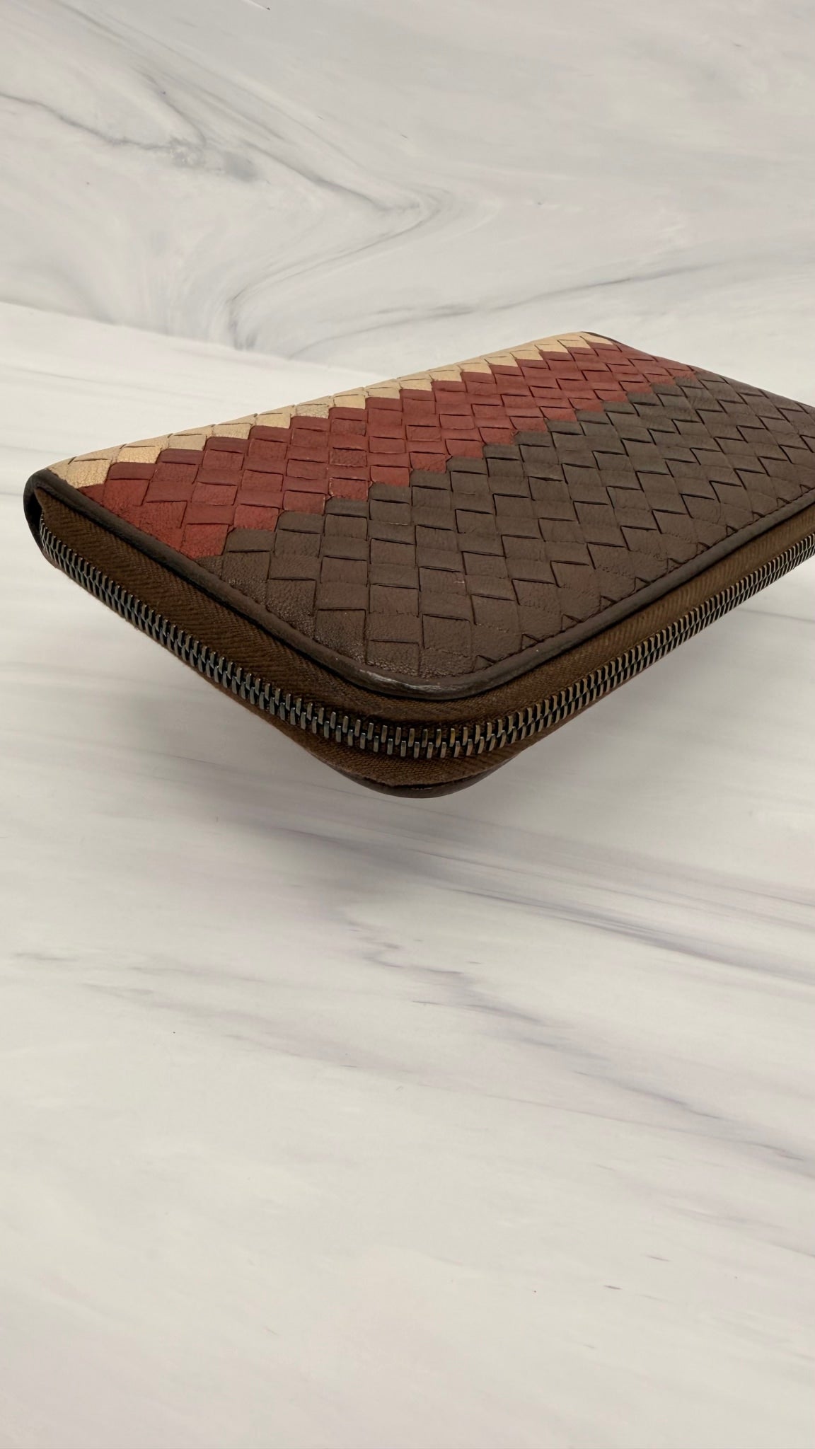 Bottega Veneta Brown Multicolor Intrecciato Leather Zippy Wallet