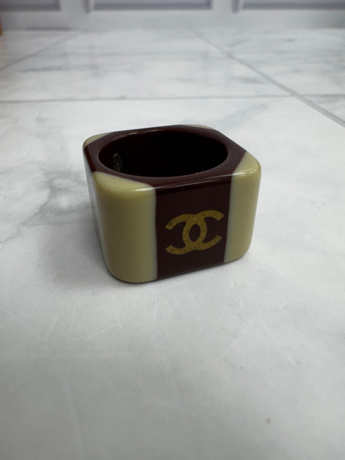 Chanel Cream & Burgundy Resin CC Ring Size 7