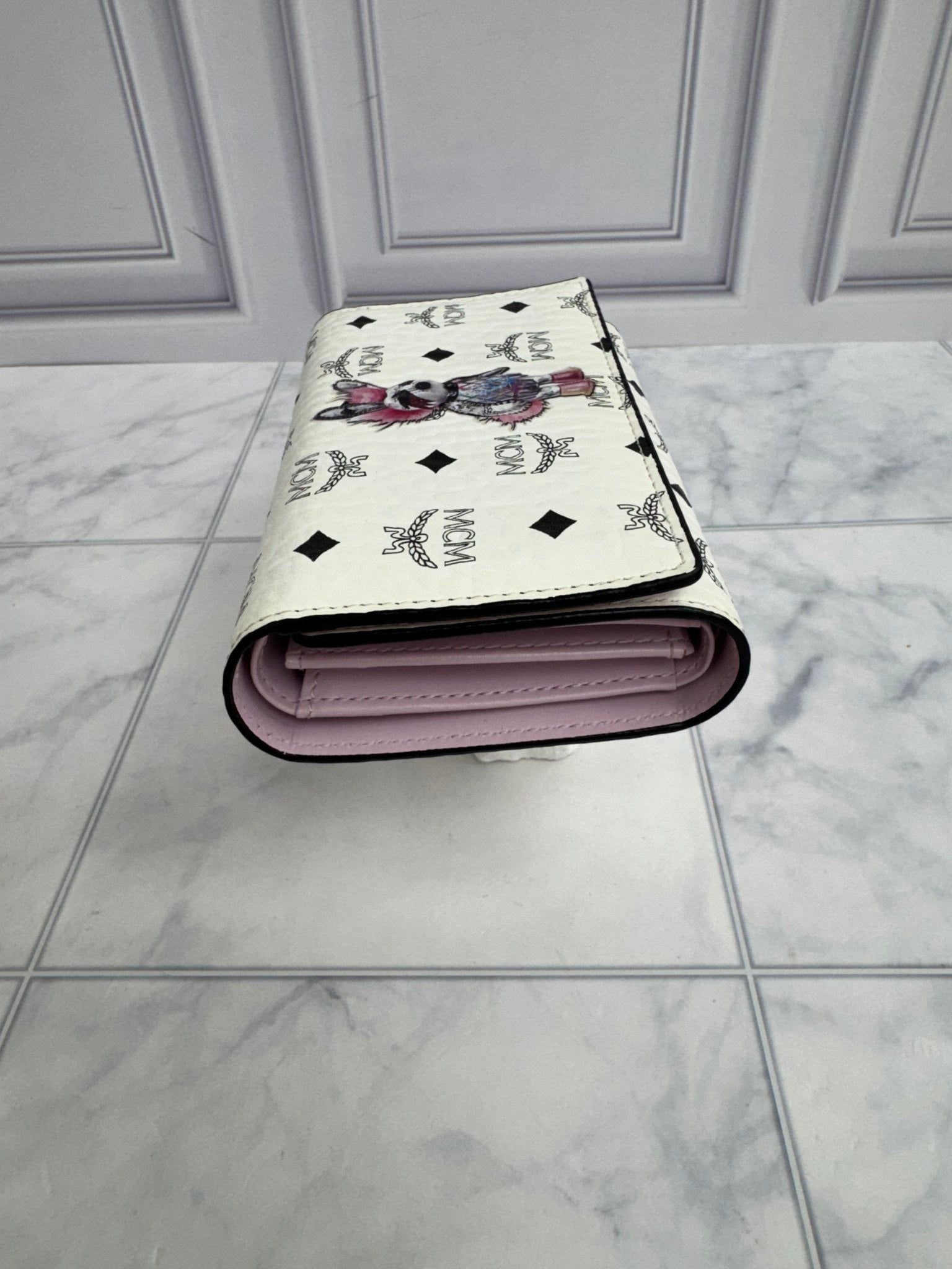 MCM White Visetos Monogram Rabbit Trifold Wallet