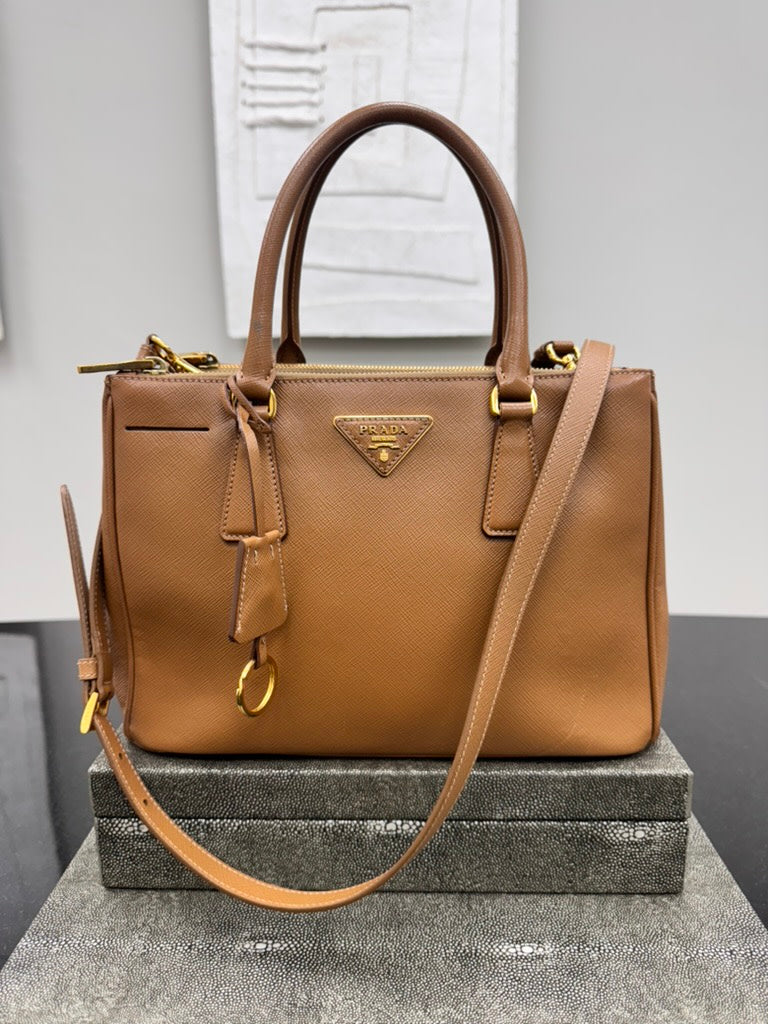 Prada Tan Saffiano Leather Double Zip Galleria Tote Bag