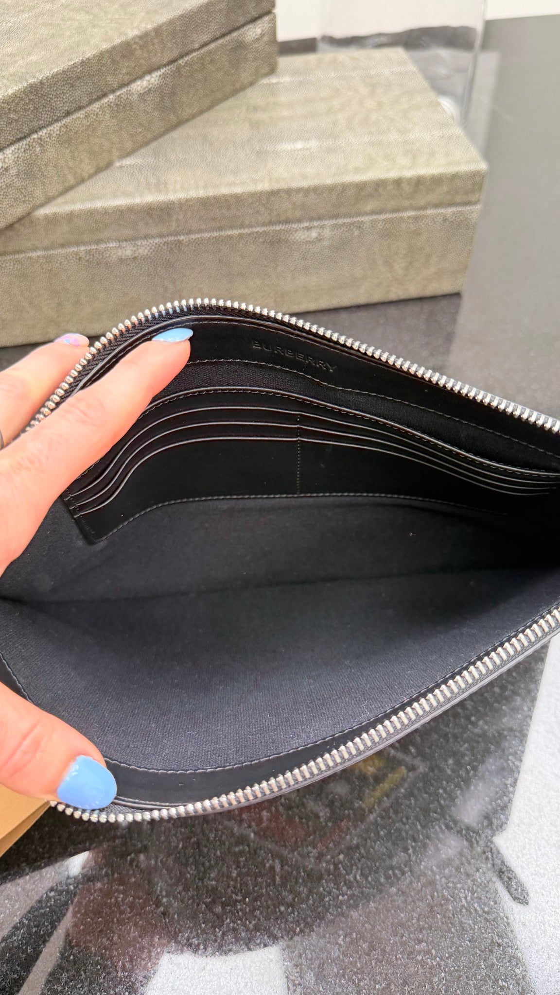 Burberry Black Leather New Logo Print Wristlet