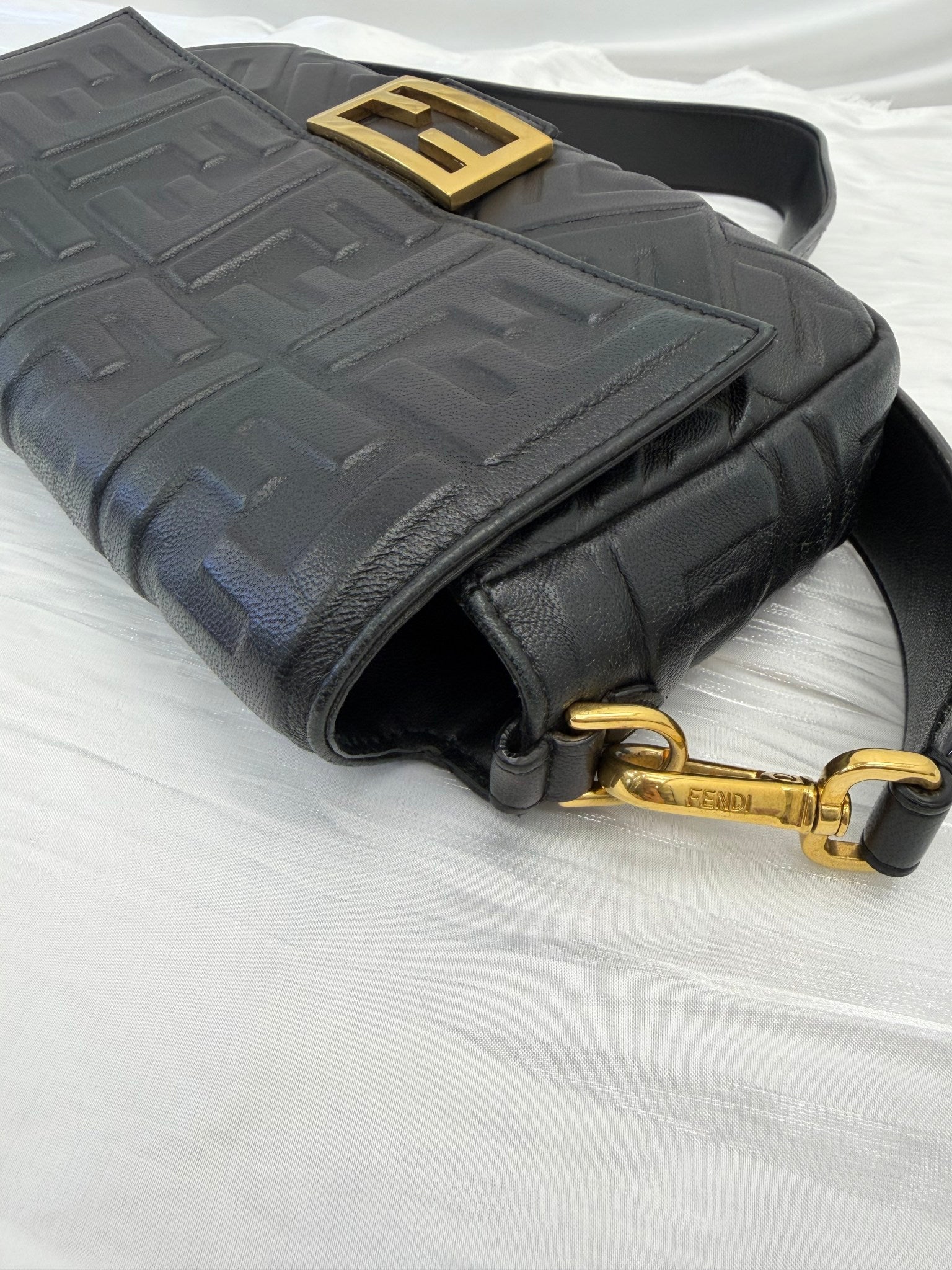Fendi Black Embossed Nappa Leather FF Baguette Shoulder Bag 