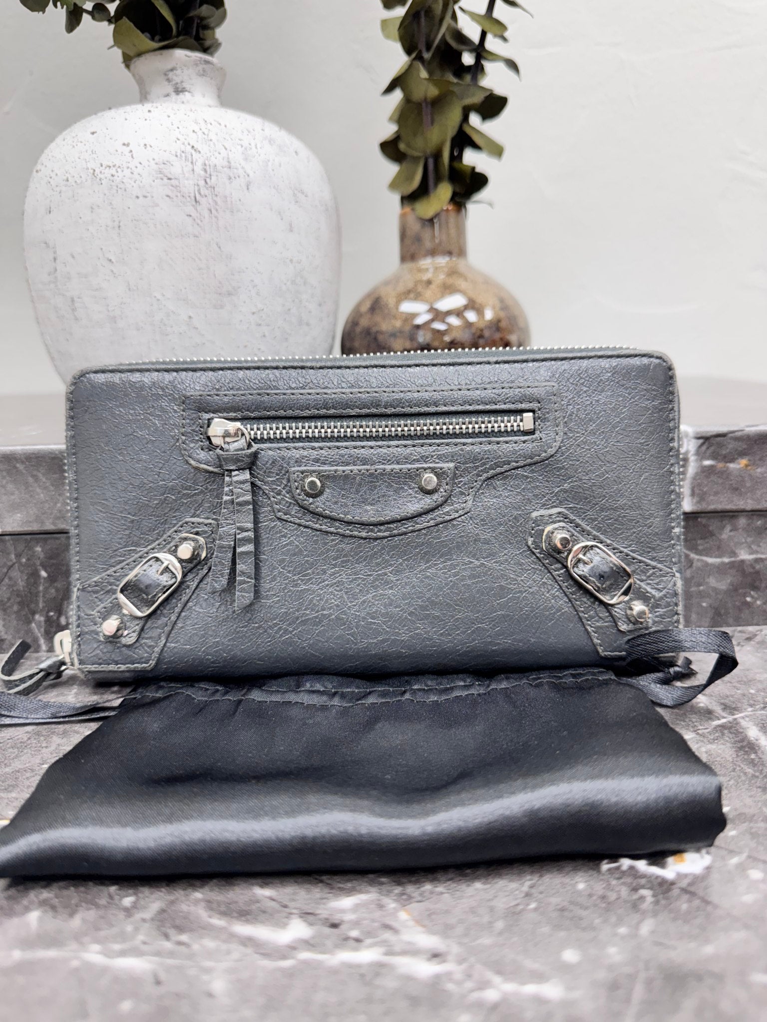 Balenciaga Dark Grey Leather Long Wallet