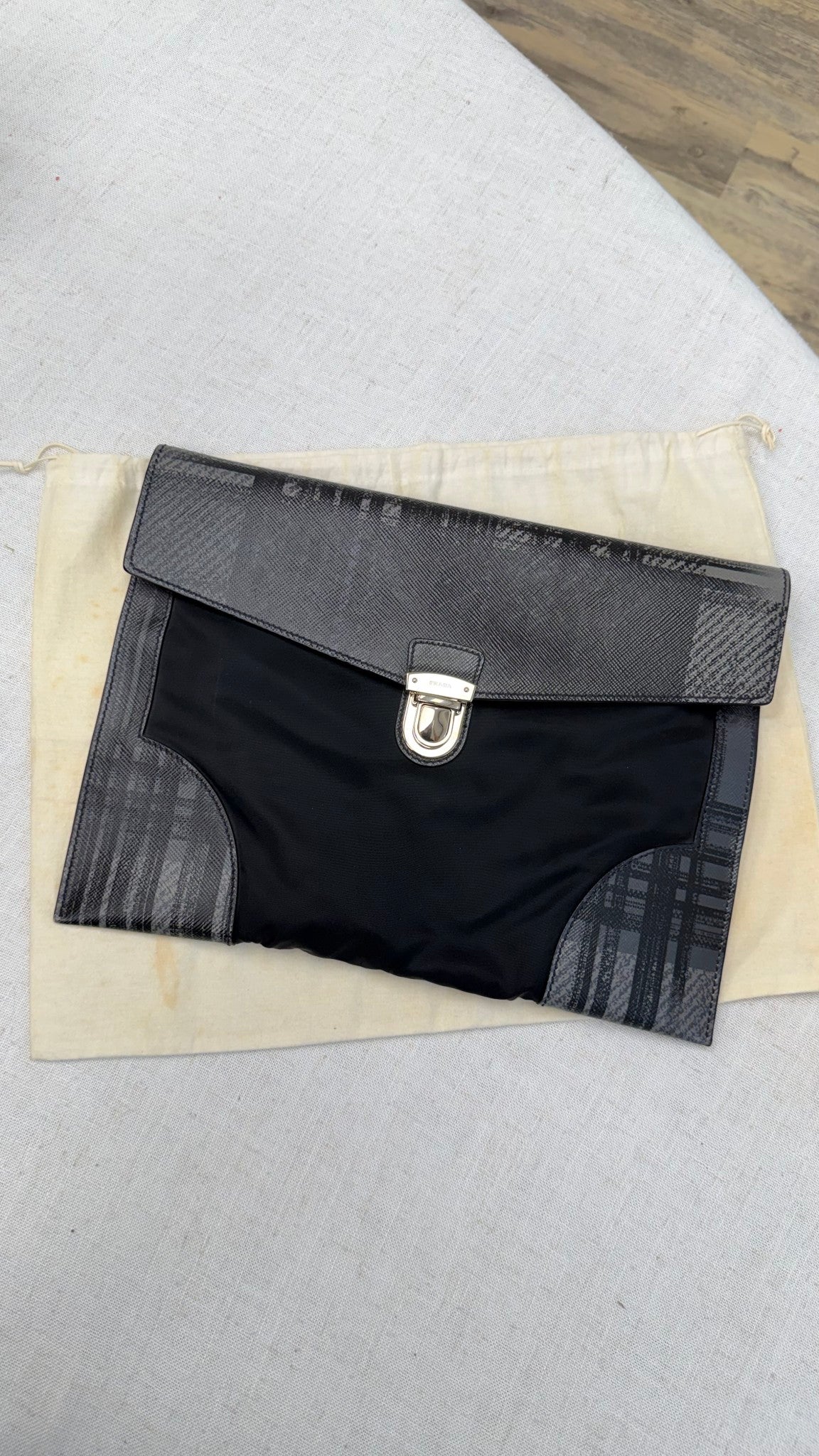 Prada Black Nylon & Saffiano Printed Leather Documents Pouch