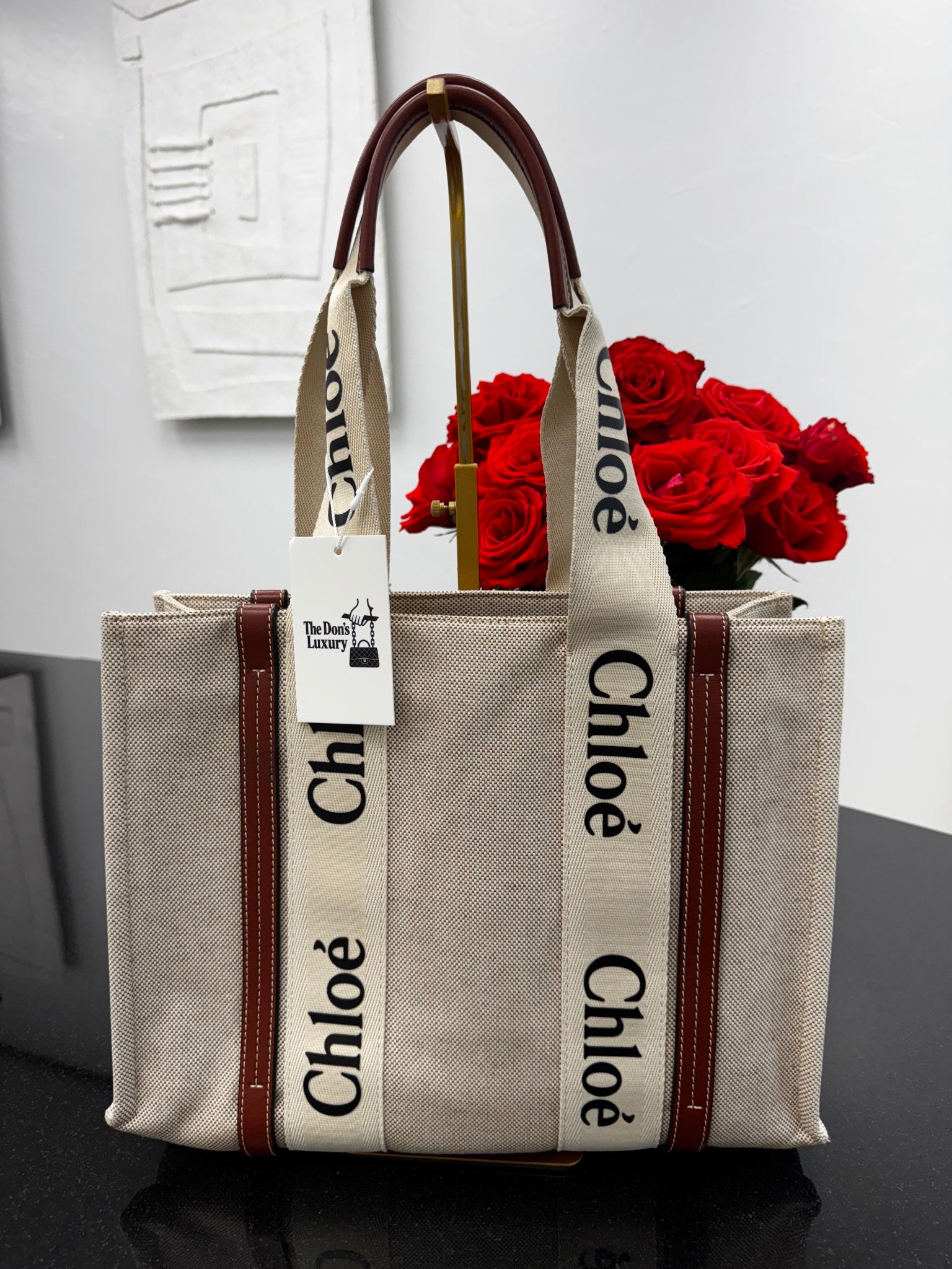 Chloe Beige Canvas Woody Medium Tote Bag