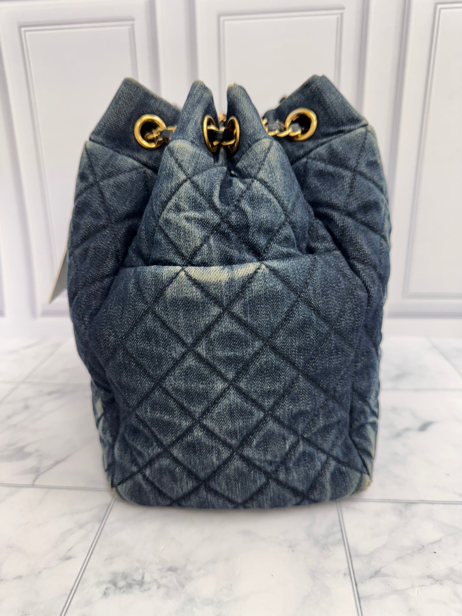 Chanel Quilted Denim Drawstring Bucket Bag