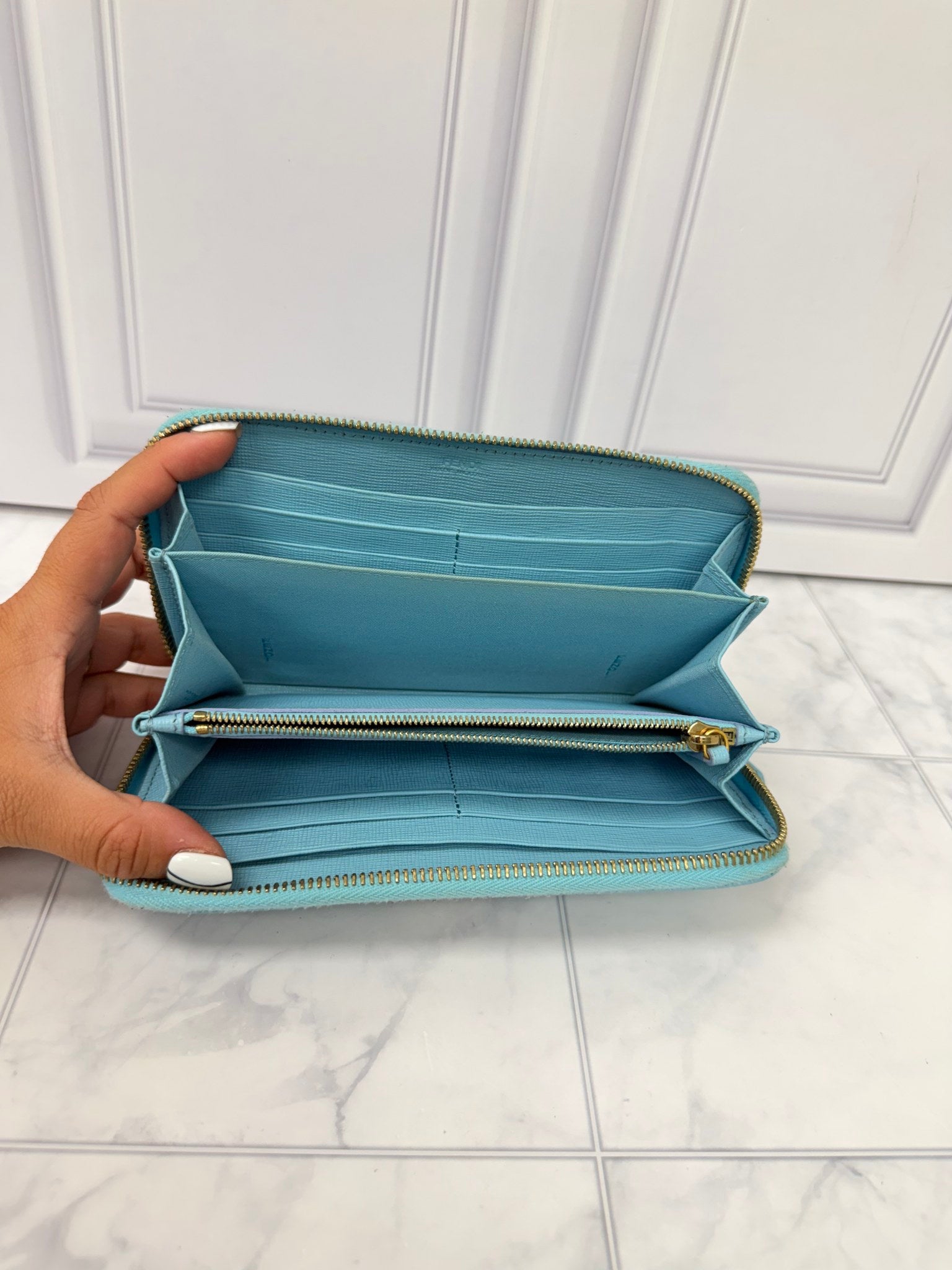 Fendi Light Blue Saffiano Leather Flowerland Zippy Wallet 