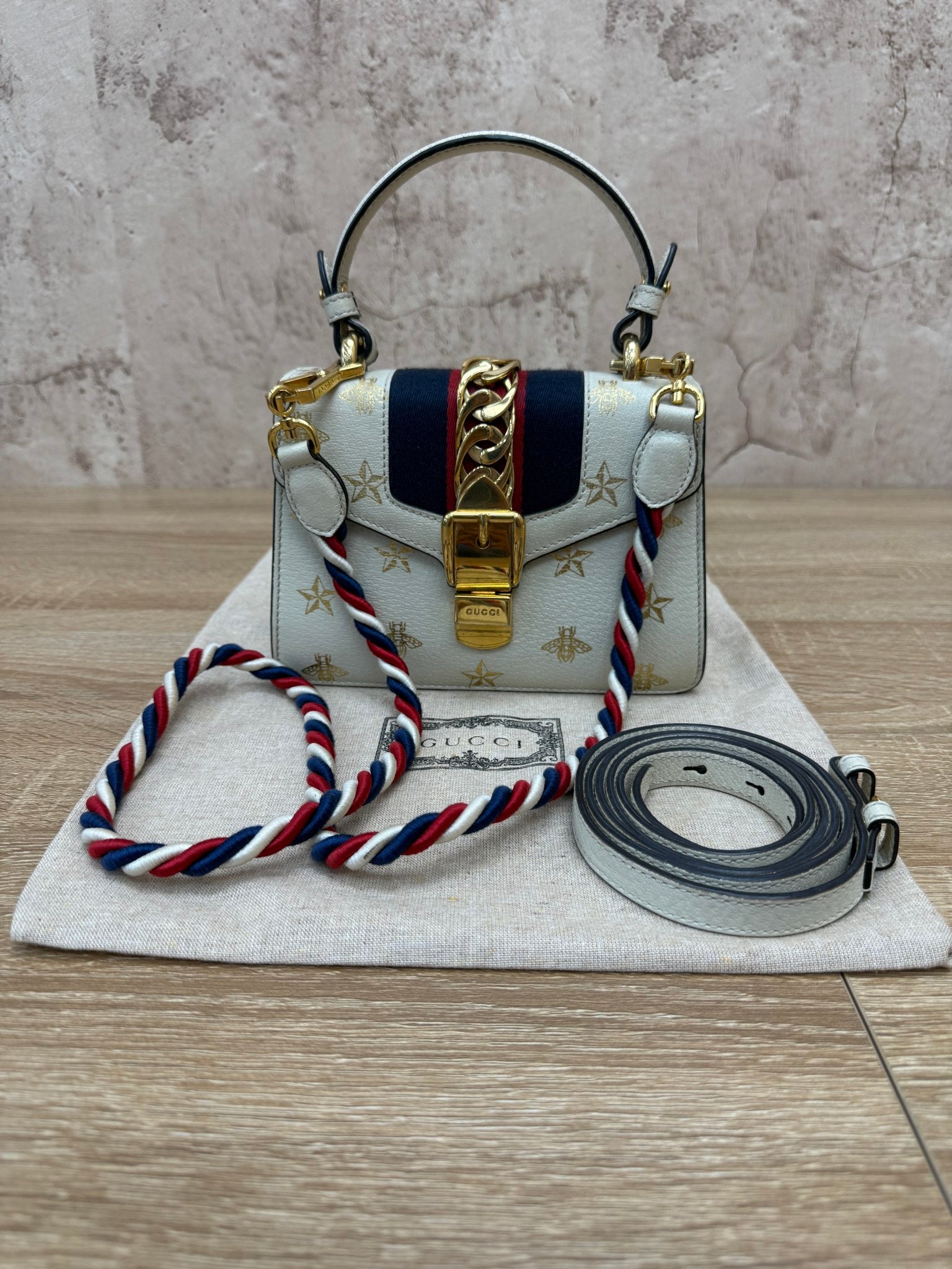 Gucci Ivory Calfskin Bee & Star Mini Sylvie Top Handle Bag