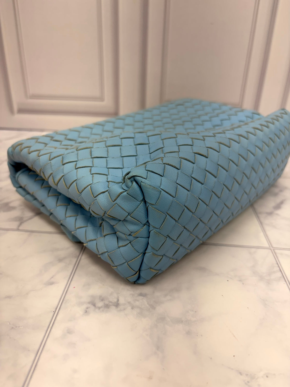Bottega Veneta Blue Leather Intrecciato Woven Chain Flap Bag