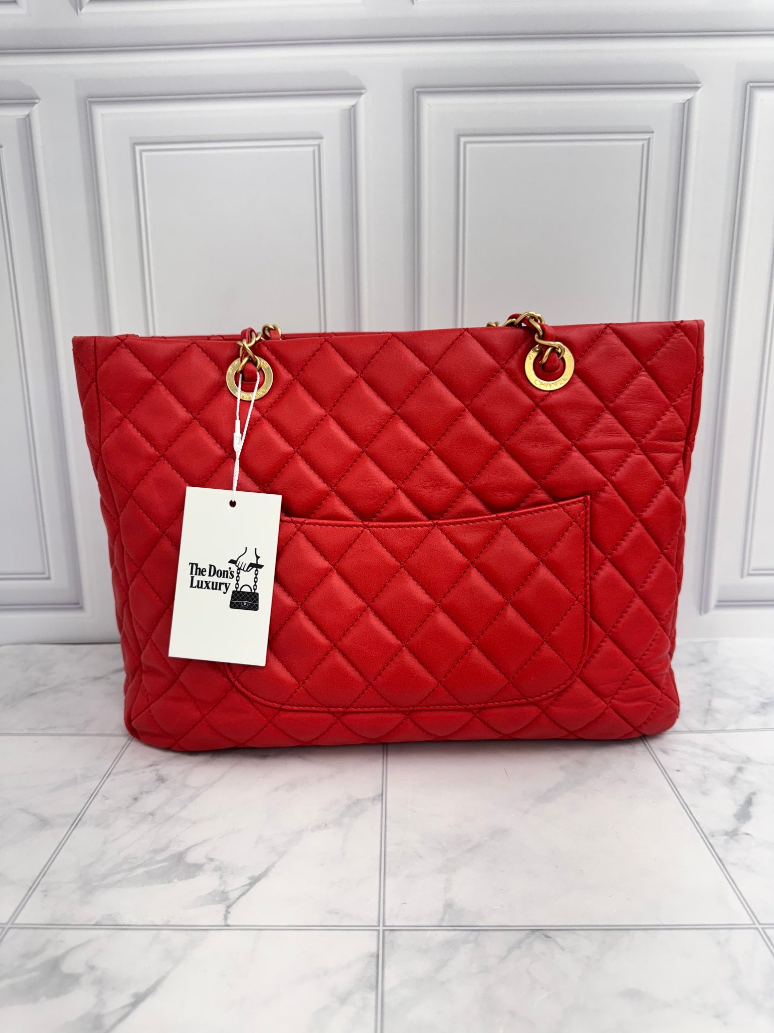 Chanel Red Quilted Lambskin Leather Front Pocket Shopping Tote
