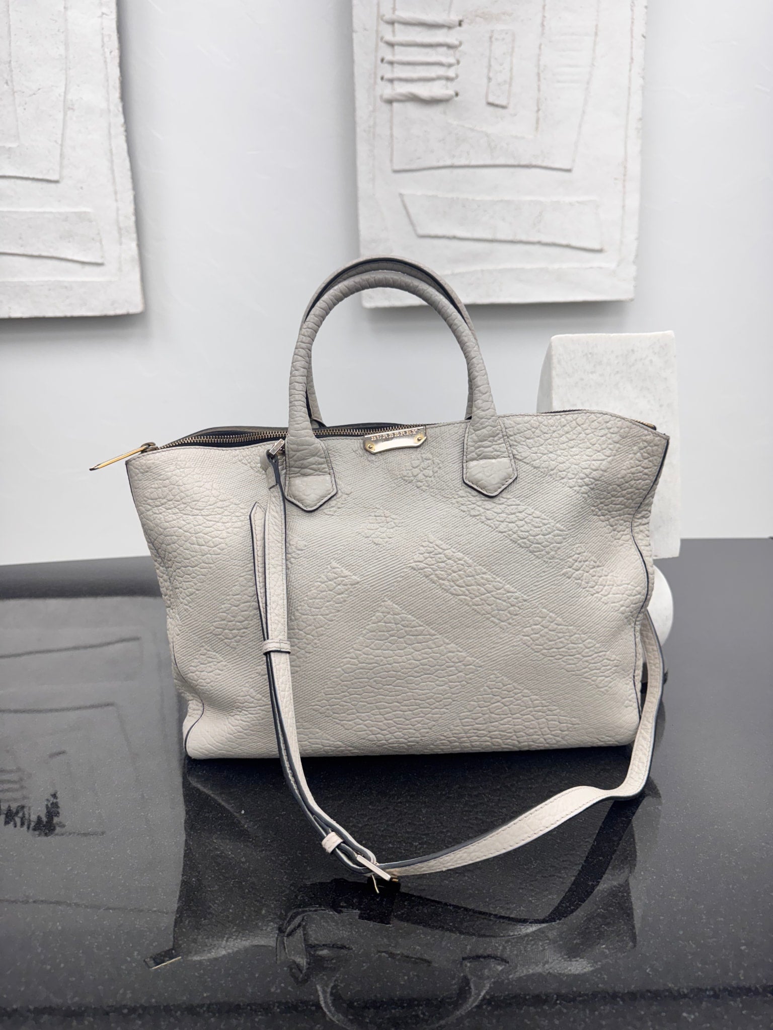 Burberry Grey Heritage Grain Check Embossed Medium Dewsbury Tote Bag