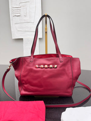 Valentino Burgundy Leather Rockstud Tote 2Way Bag