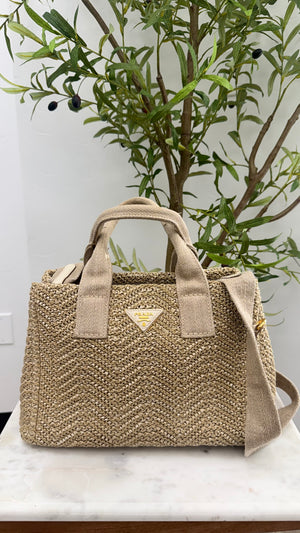 Prada Natural Woven Raffia Tessuto Tricot 2Way Tote Bag