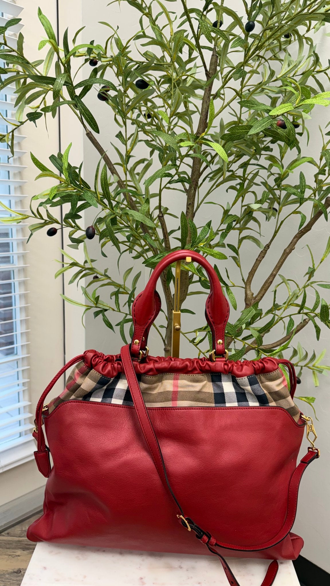 Burberry Nova check Red Leather Tote Bag