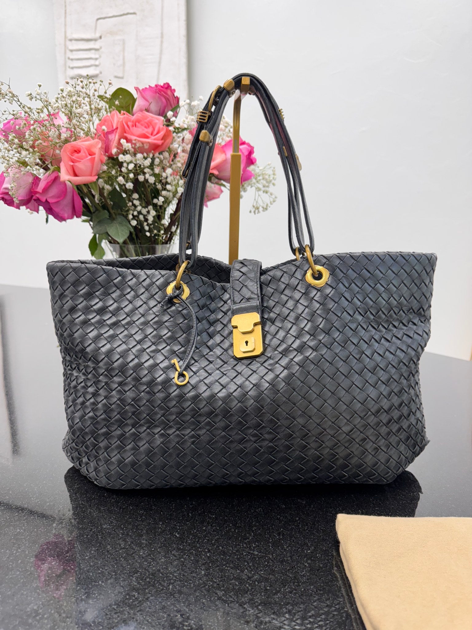 Bottega Veneta Black Intrecciato Leather Capri Tote Bag