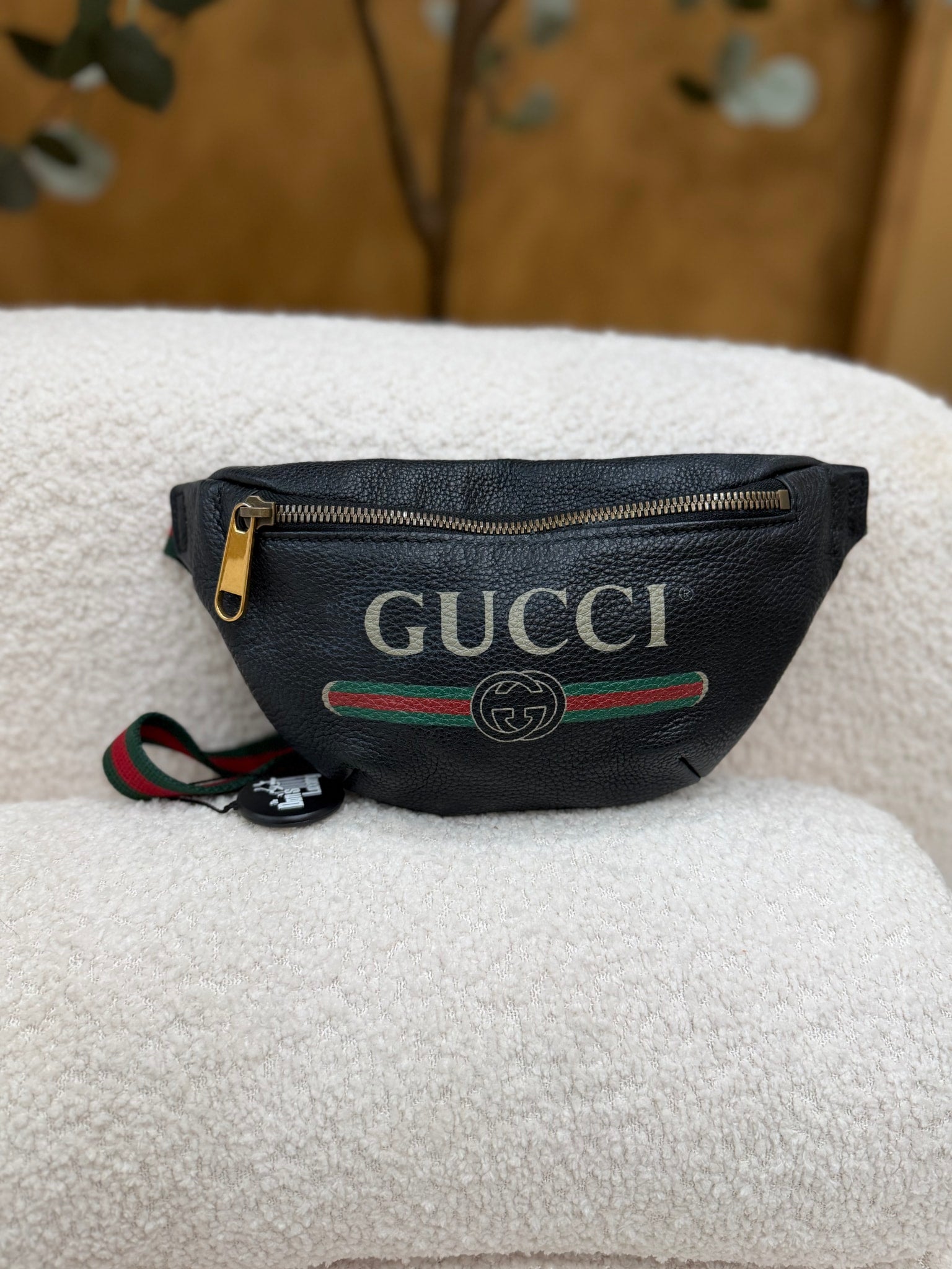 Gucci Print Black Leather Waist Bag
