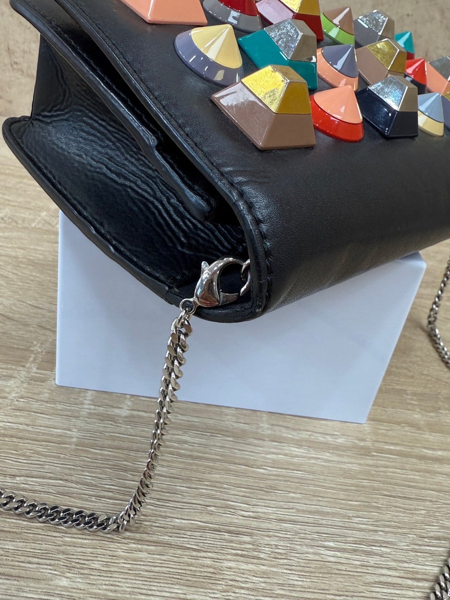 Fendi Black Leather Multicolored Studded Wallet on a Chain 