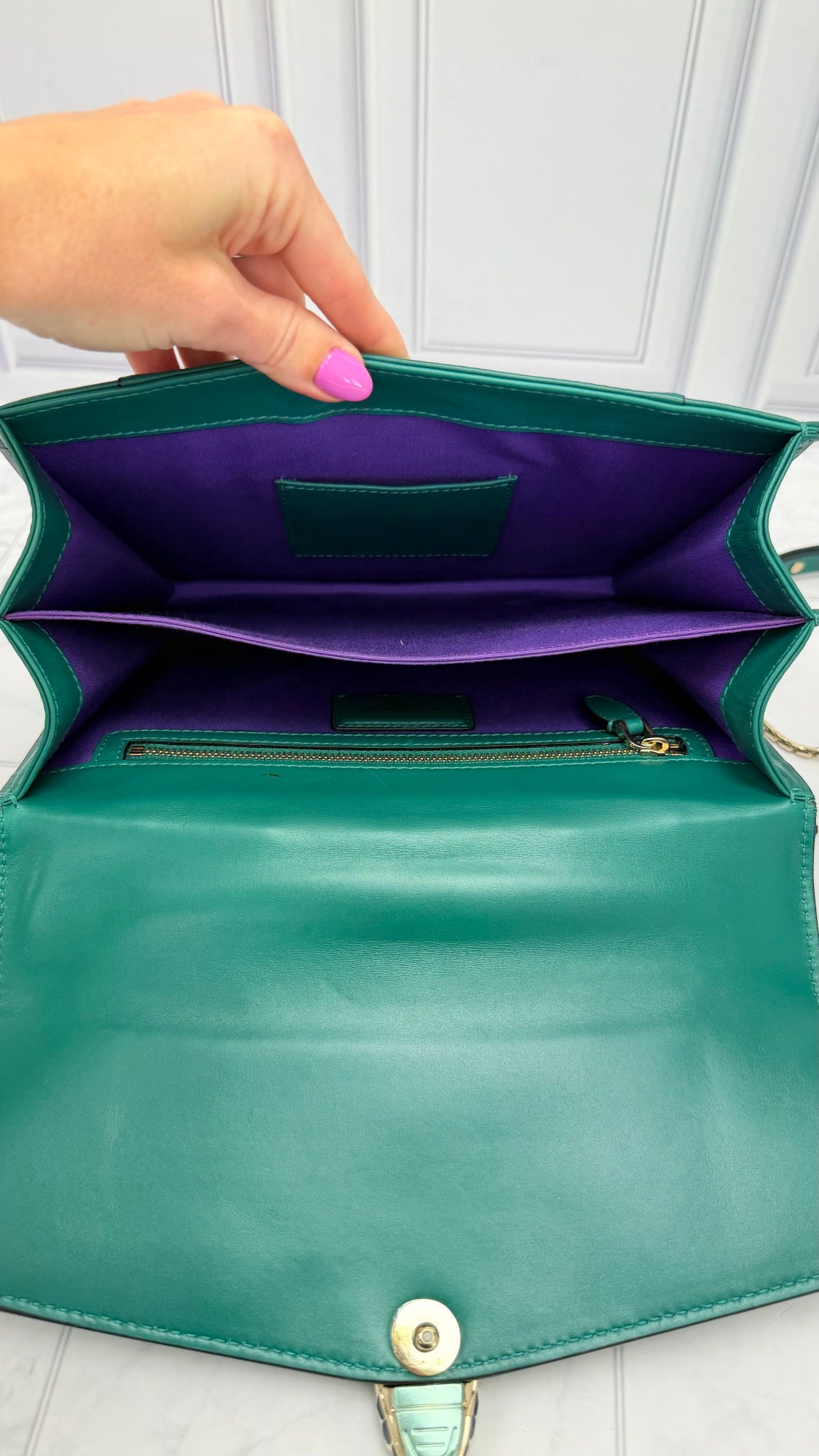 Bvlgari Emerald Green Calfskin Serpenti Forever Top Handle Chain Bag