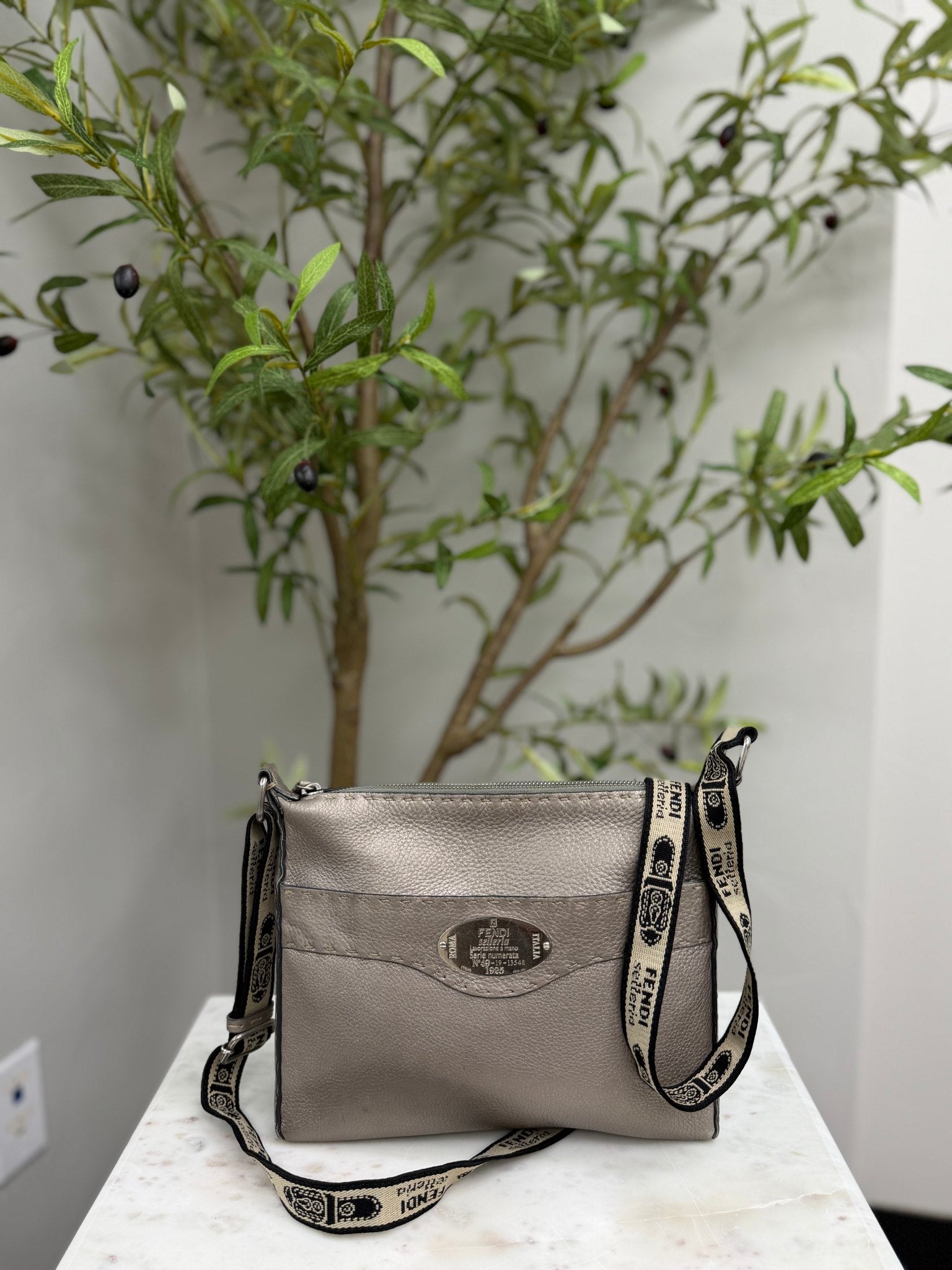 Fendi Grey Pebbled Leather Selleria Crossbody Bag