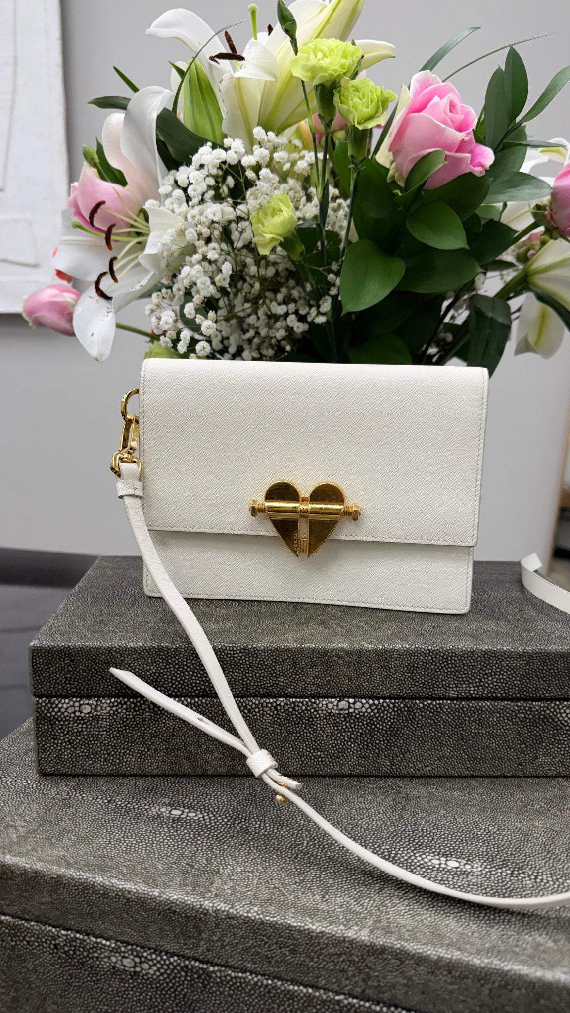 Prada White Saffiano Leather Broken Heart Lock Wallet on a Chain