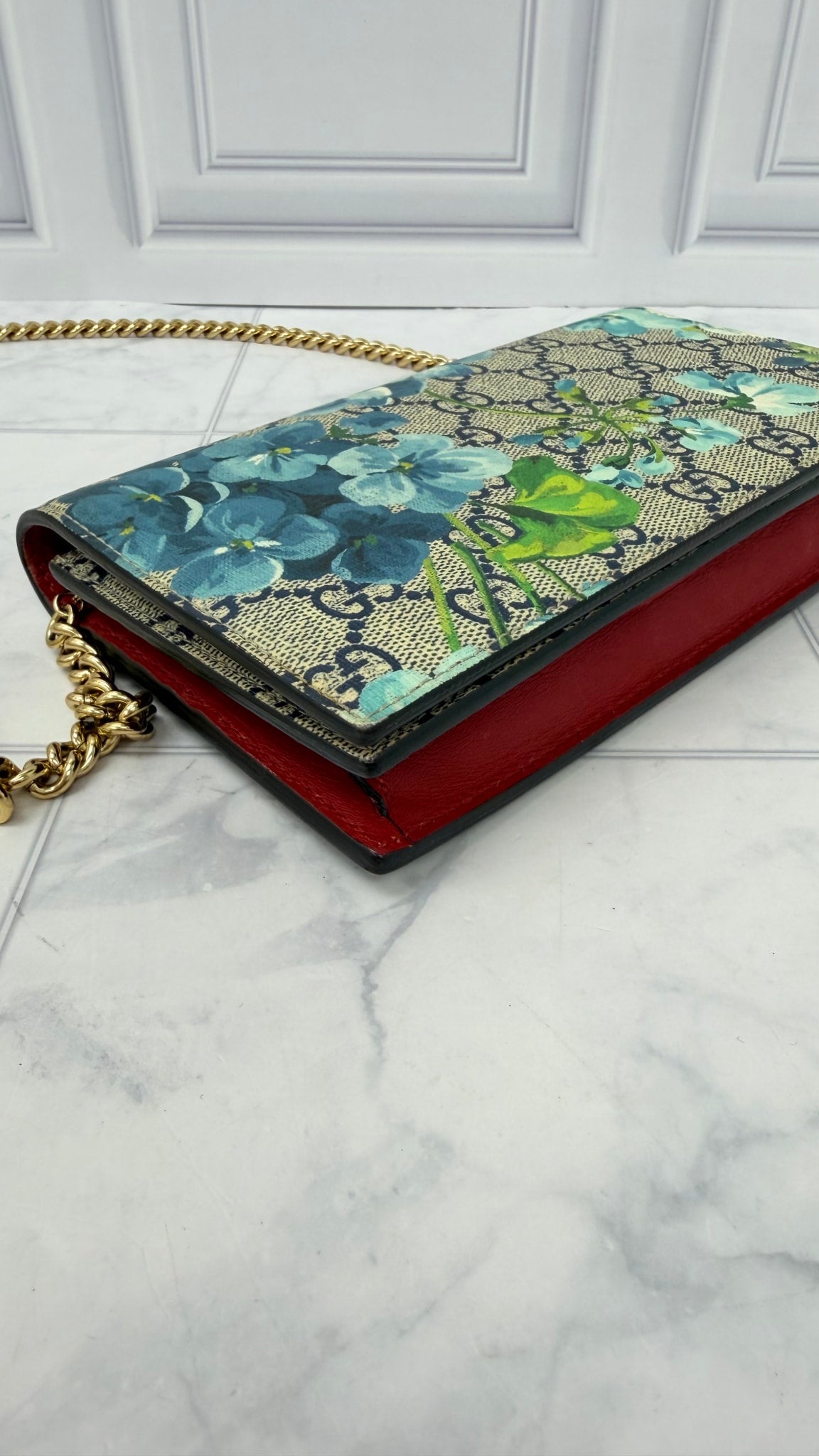 Gucci Blue GG Supreme Blooms Wallet on A Chain