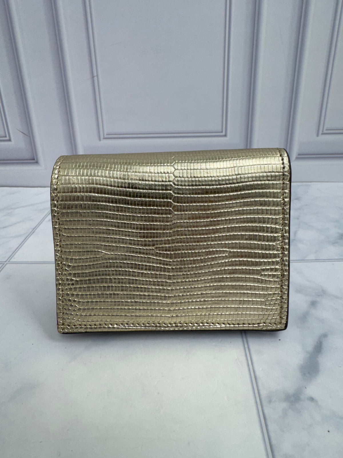 Gucci Gold Lizard Embossed Leather GG Marmont Compact Wallet