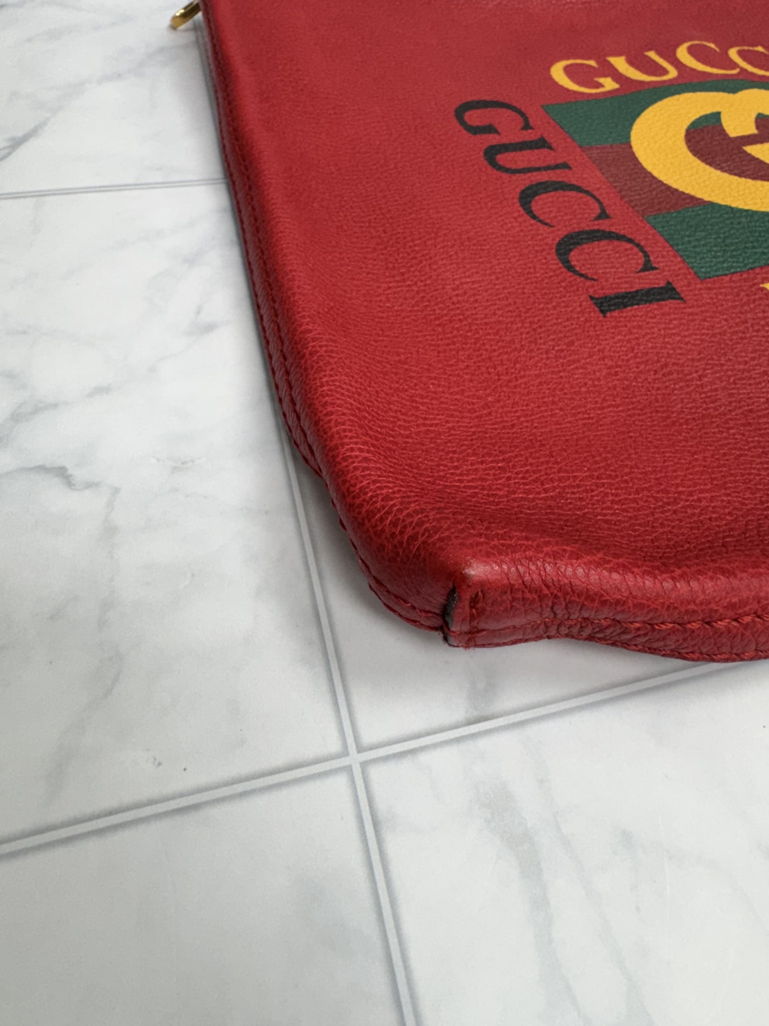 Gucci Red Logo Print Grained Leather Pouch