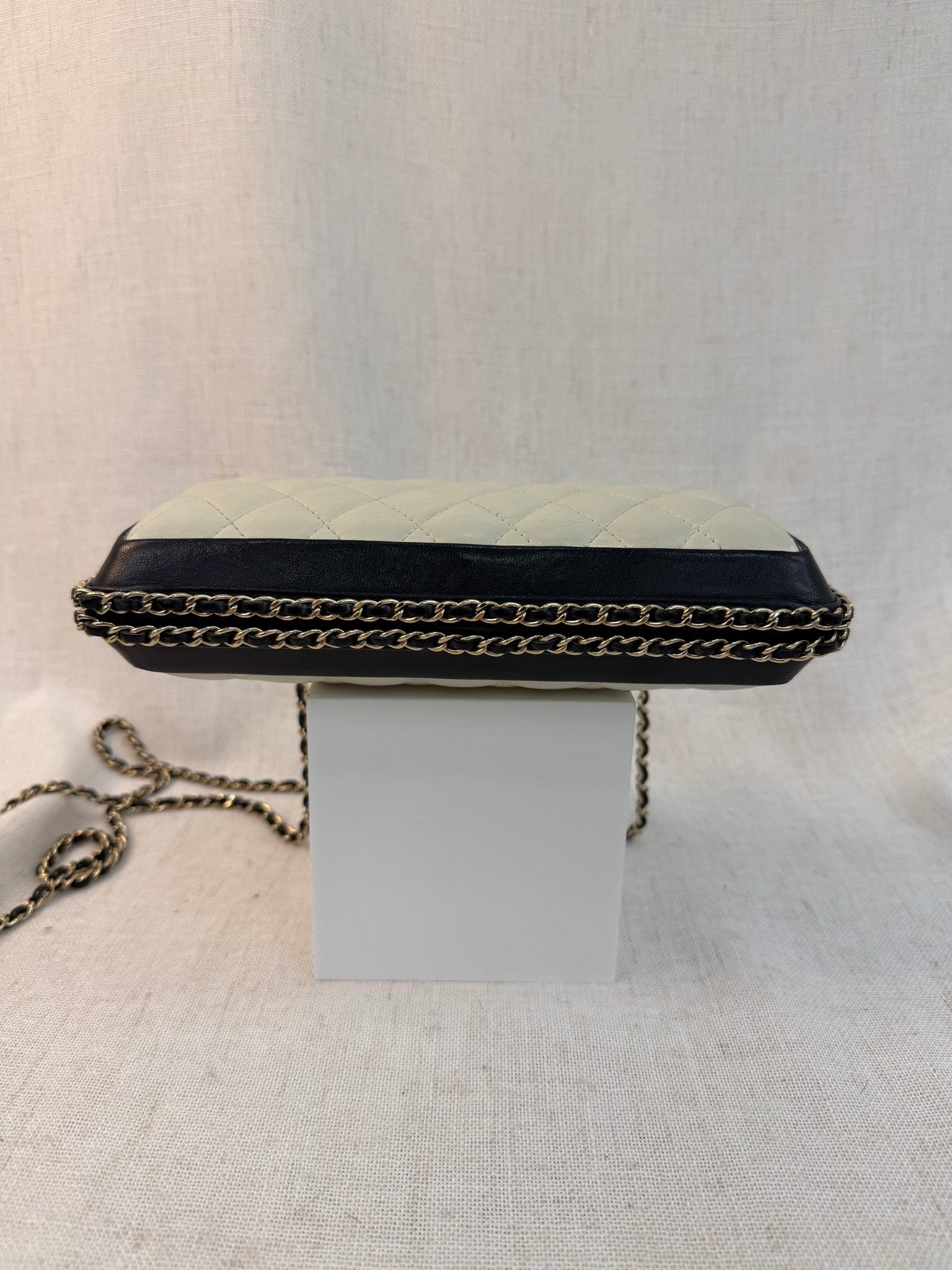 Chanel Black And White Calfskin Chain Around Clutch Bag