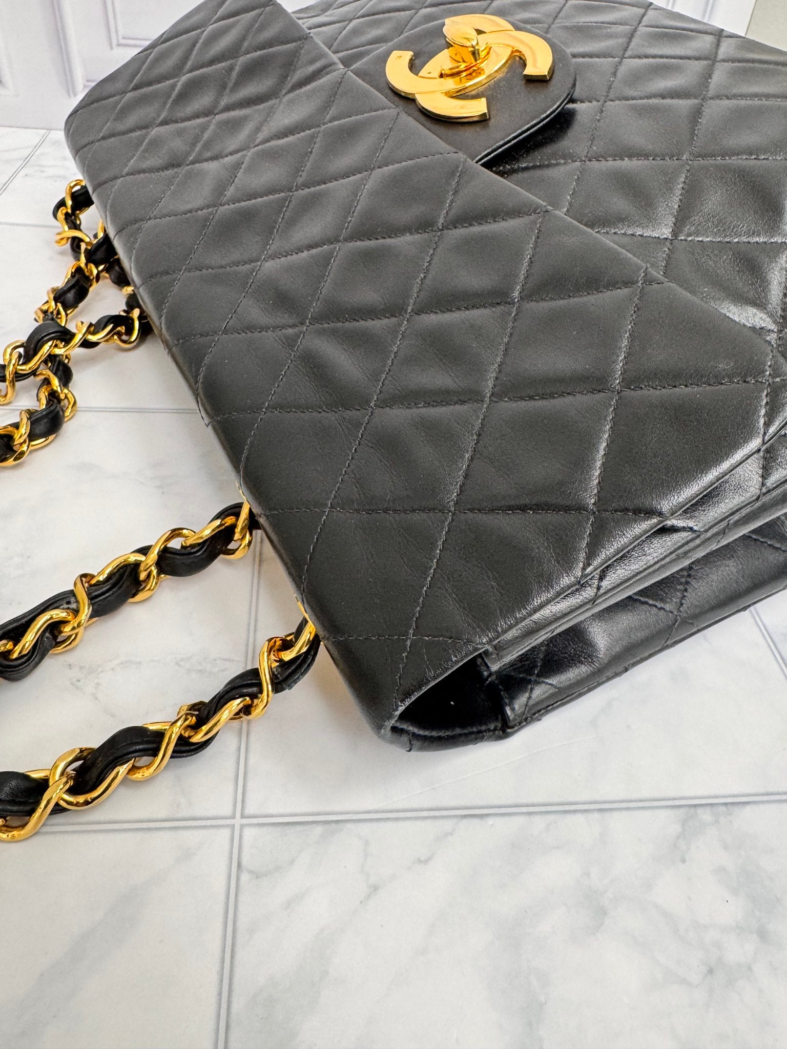 Chanel Vintage Black Quilted Calfskin Leather 24k Jumbo Classic Flap Bag