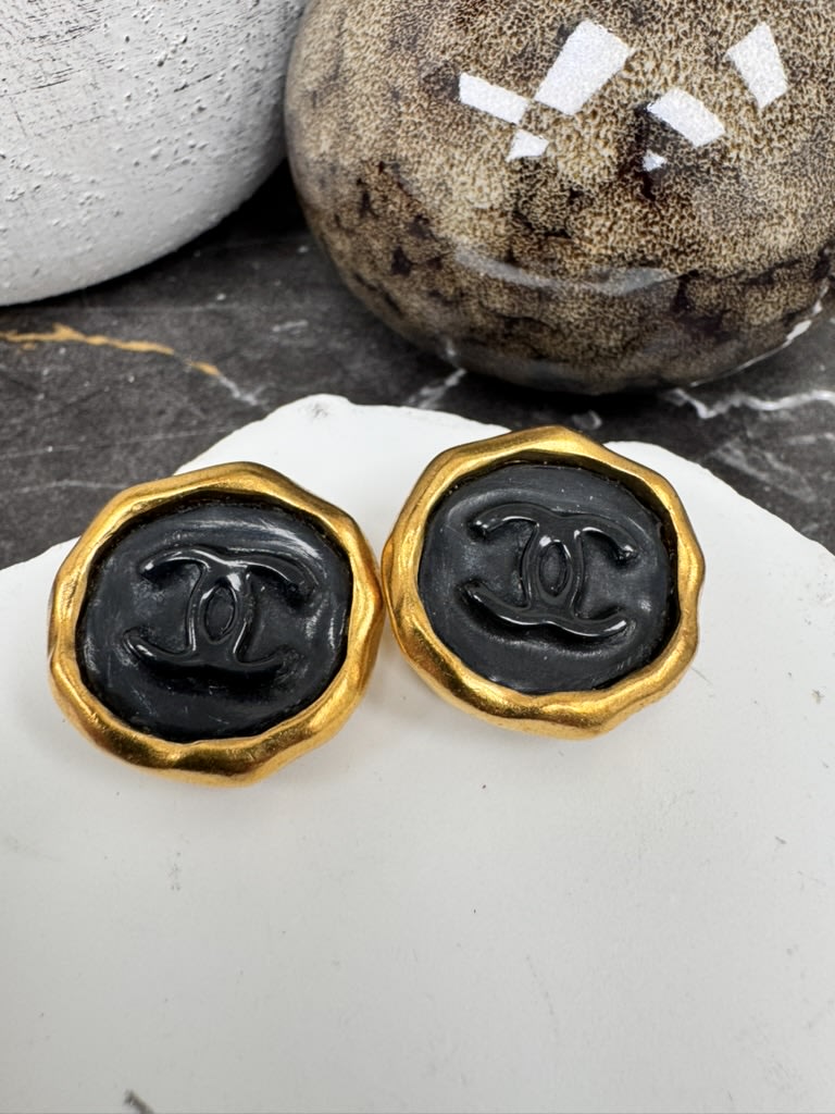 Chanel Black And Gold Tone Coco Sealing Stamp Earrings