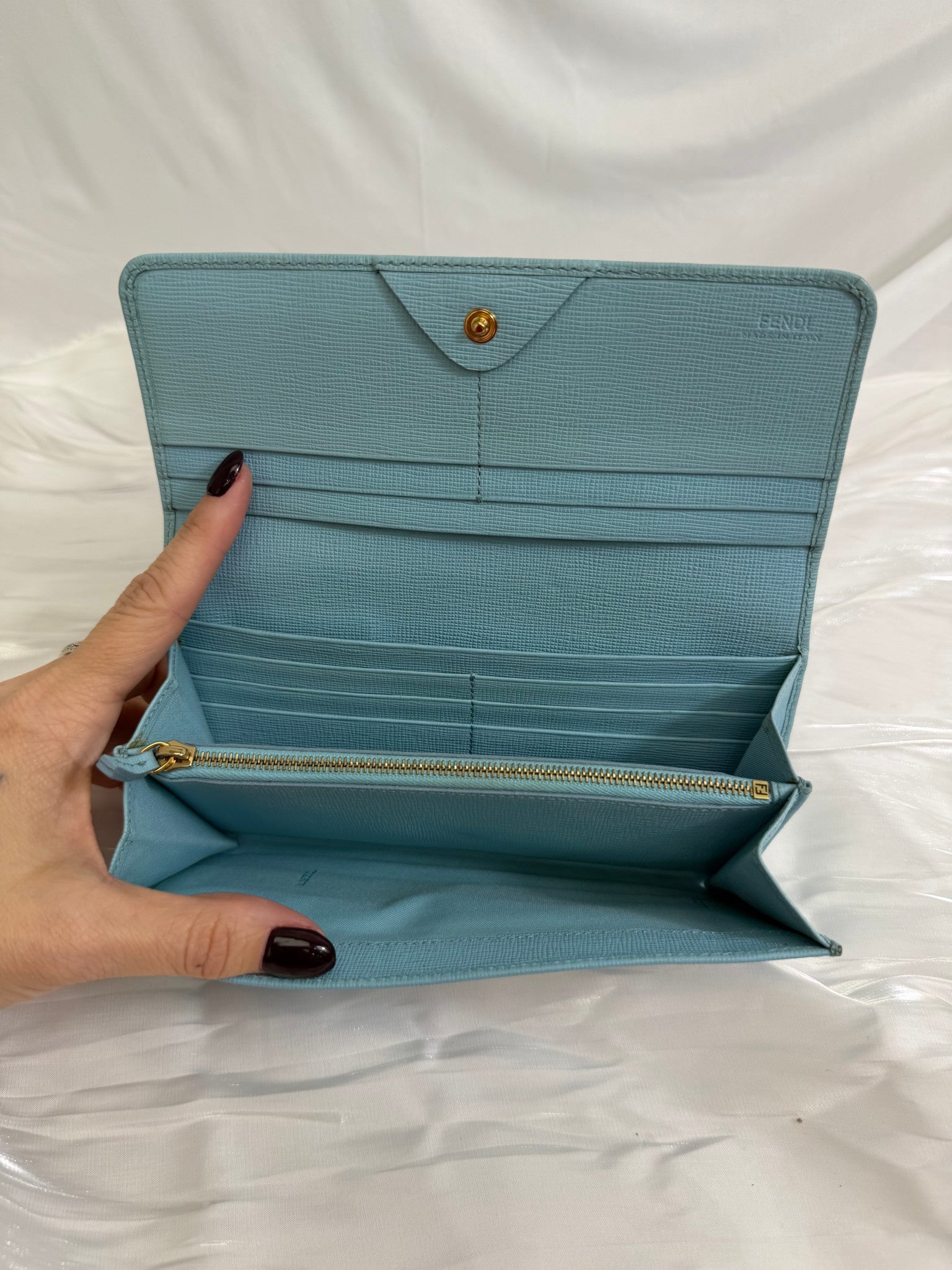 Fendi Light Blue Leather Flower Continental Wallet
