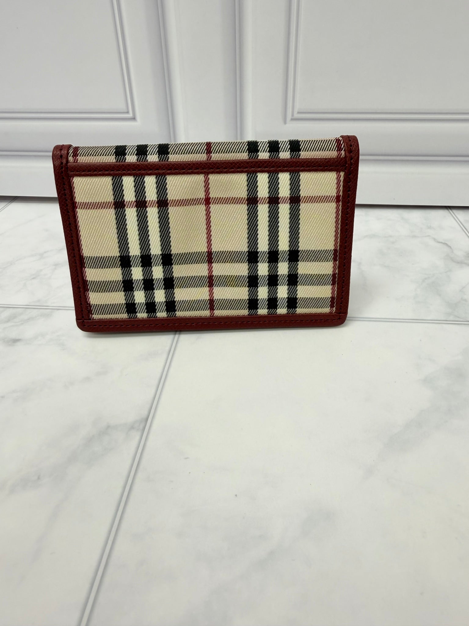 Burberry Burgundy Nova Check Canvas Leather Card Case