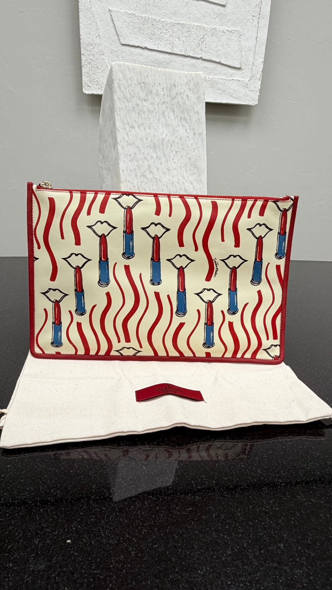 Valentino White Lipstick Printed Leather Pouch