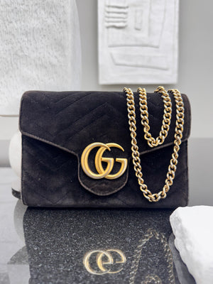 Gucci Black Chevron Quilted Velvet GG Marmont Crossbody Bag
