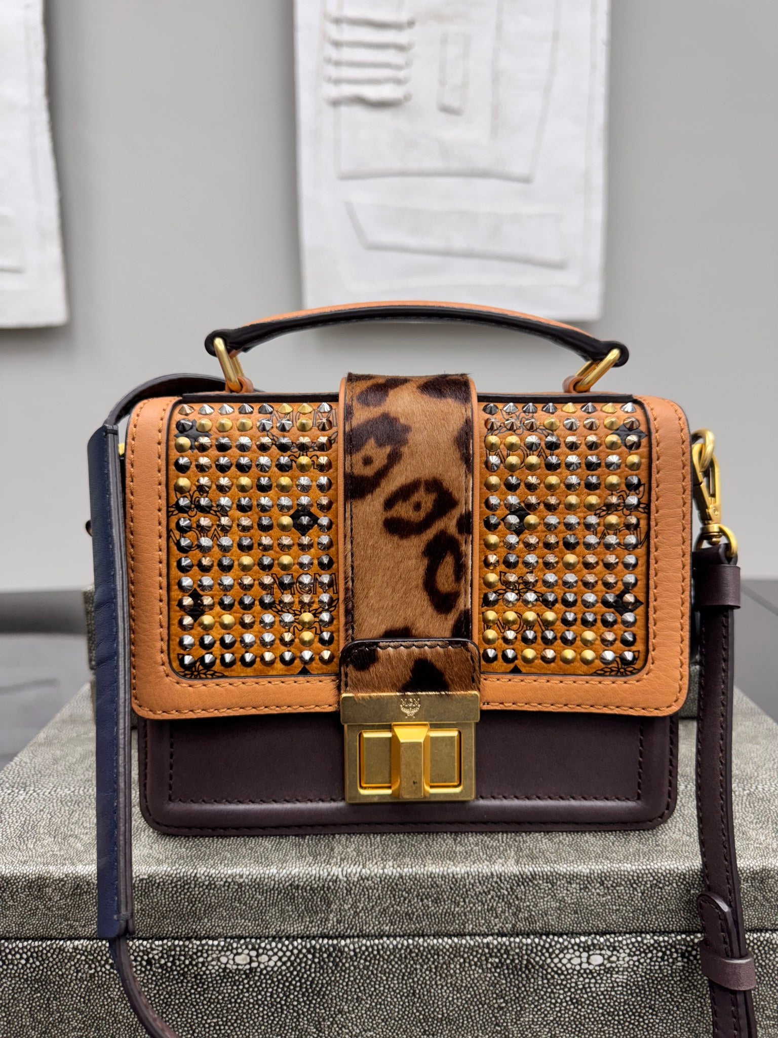 MCM Brown Leather Leopard Studded Veronika 2Way Bag