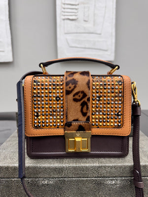 MCM Brown Leather Leopard Studded Veronika 2Way Bag