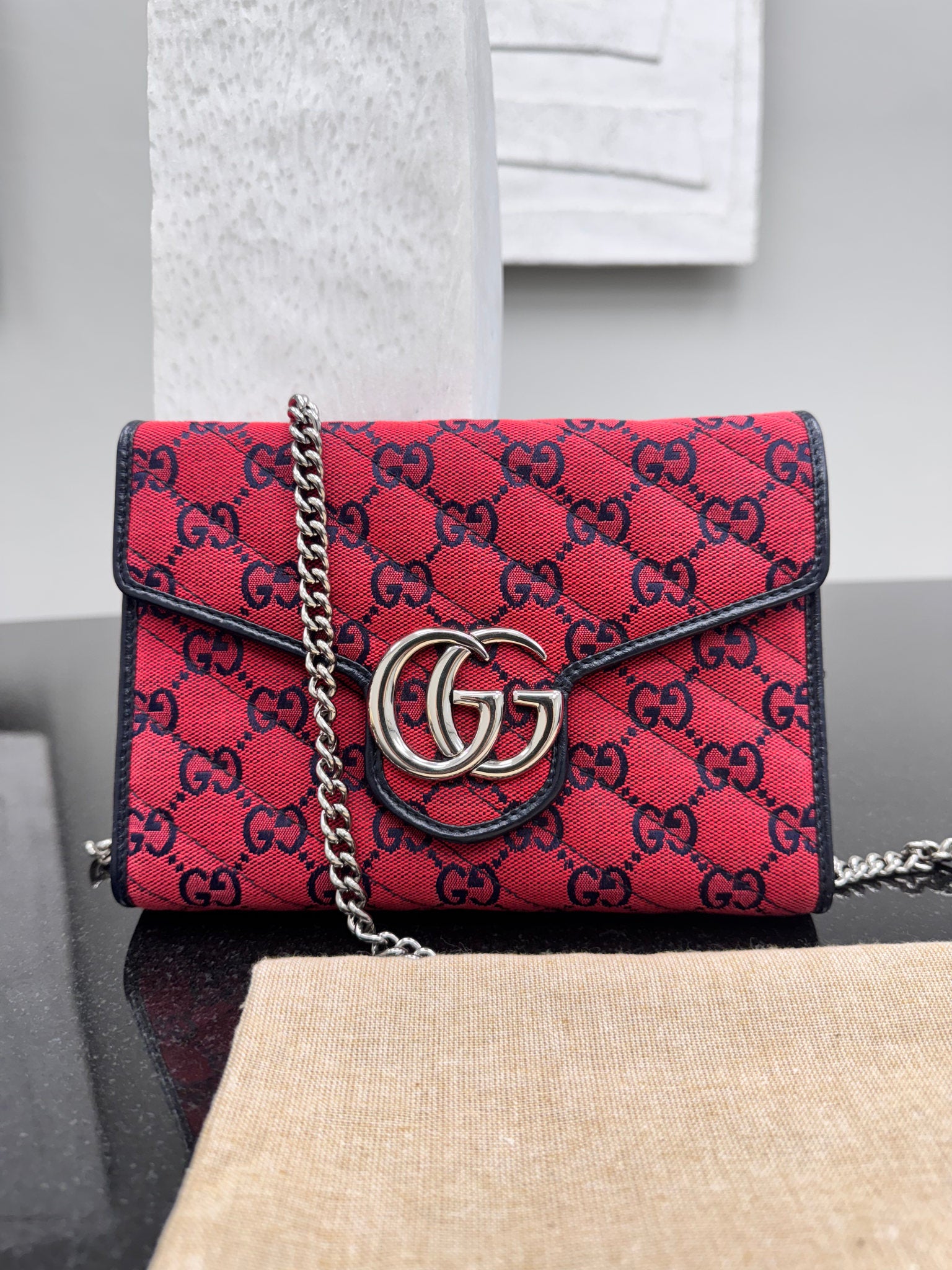 Gucci Red Marmont Quilted Canvas Wallet On A Chain