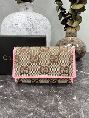 Gucci GG Canvas And Pink Leather Trim 6 Ring Key Case
