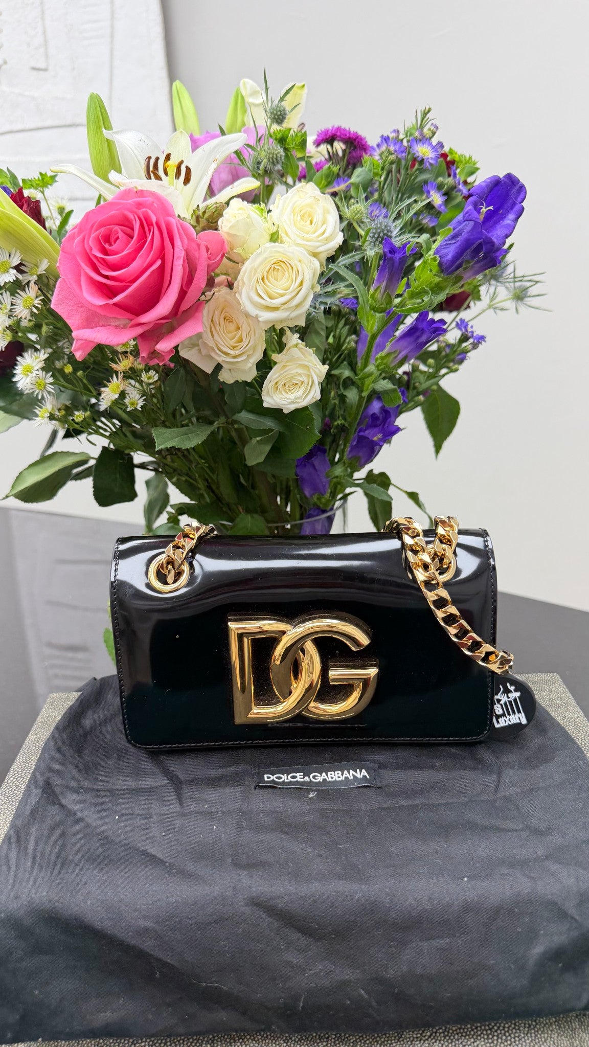 Dolce and Gabbana Black Patent Leather Chain Shoulder Bag 